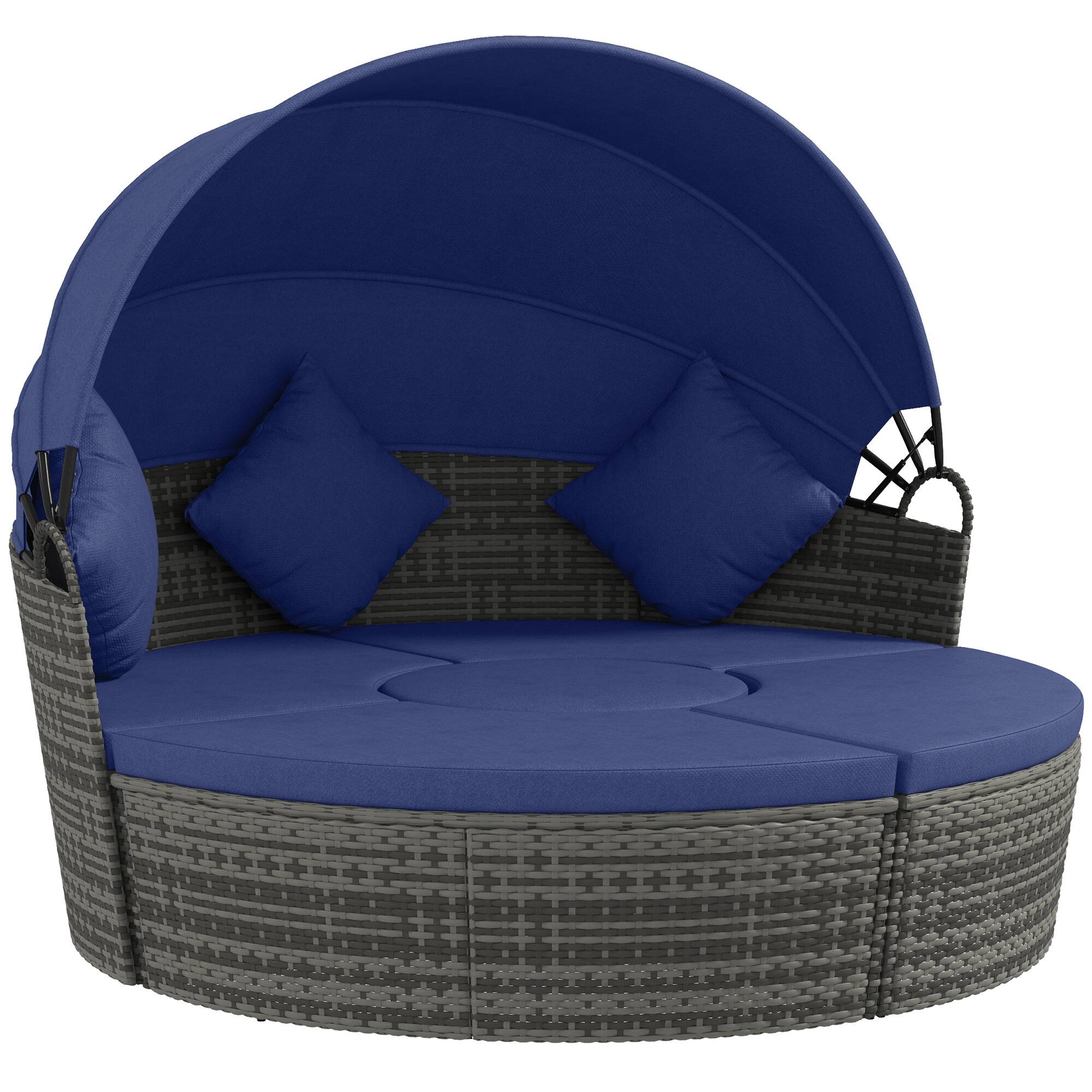 Outsunny - 4 Piece Round Rattan Daybed, Convertible Patio Furniture Set, Adjustable Sun Canopy, Sectional Outdoor Sofa, 2 Chairs - Dark Blue