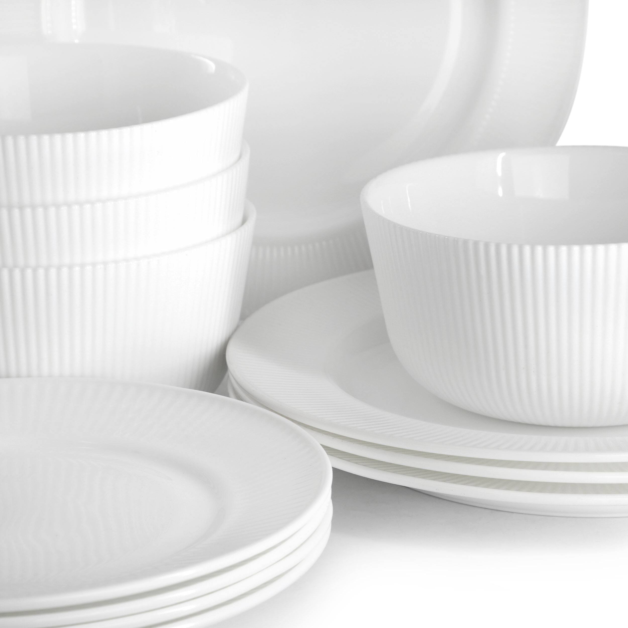 Alt View 4. Gibson - Ultra by Gibson Swanton Stripe 12 Piece Break-Resistant Opal Glass Dinnerware Set in White - White.