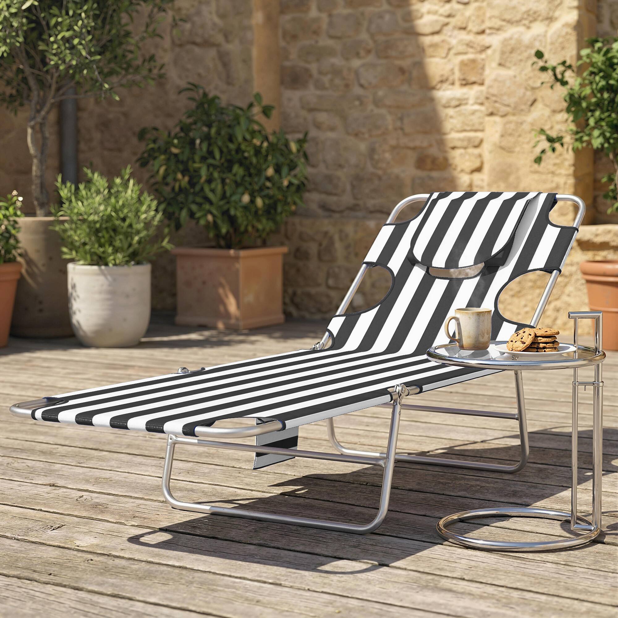 Alt View 1. Outsunny - Chair with Face Hole, 5-Level Adjustable Outdoor Chaise Lounge Chair with Pillow for Beach, Pool - Black Stripe.