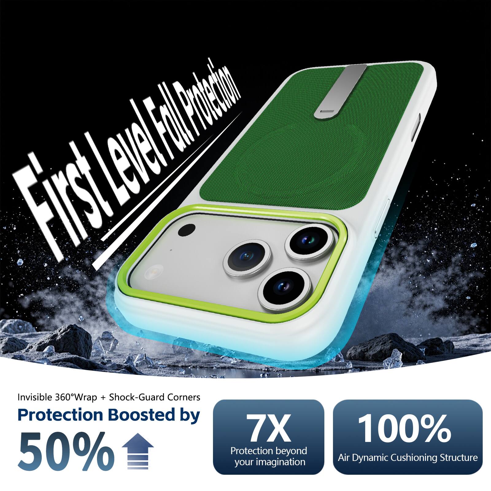 First Level Fall Protection

Invisible 360°Wrap + Shock-Guard Corners
Protection Boosted by 50%

7X Protection beyond your imagination
100% Air Dynamic Cushioning Structure