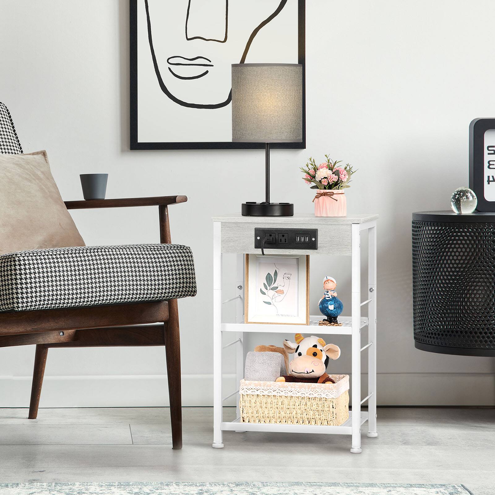 Alt View 1. Oumilen - White 2-Tier Mesh Side Table with Charging Station, Industrial End Table with Adjustable Foot Pads - White.