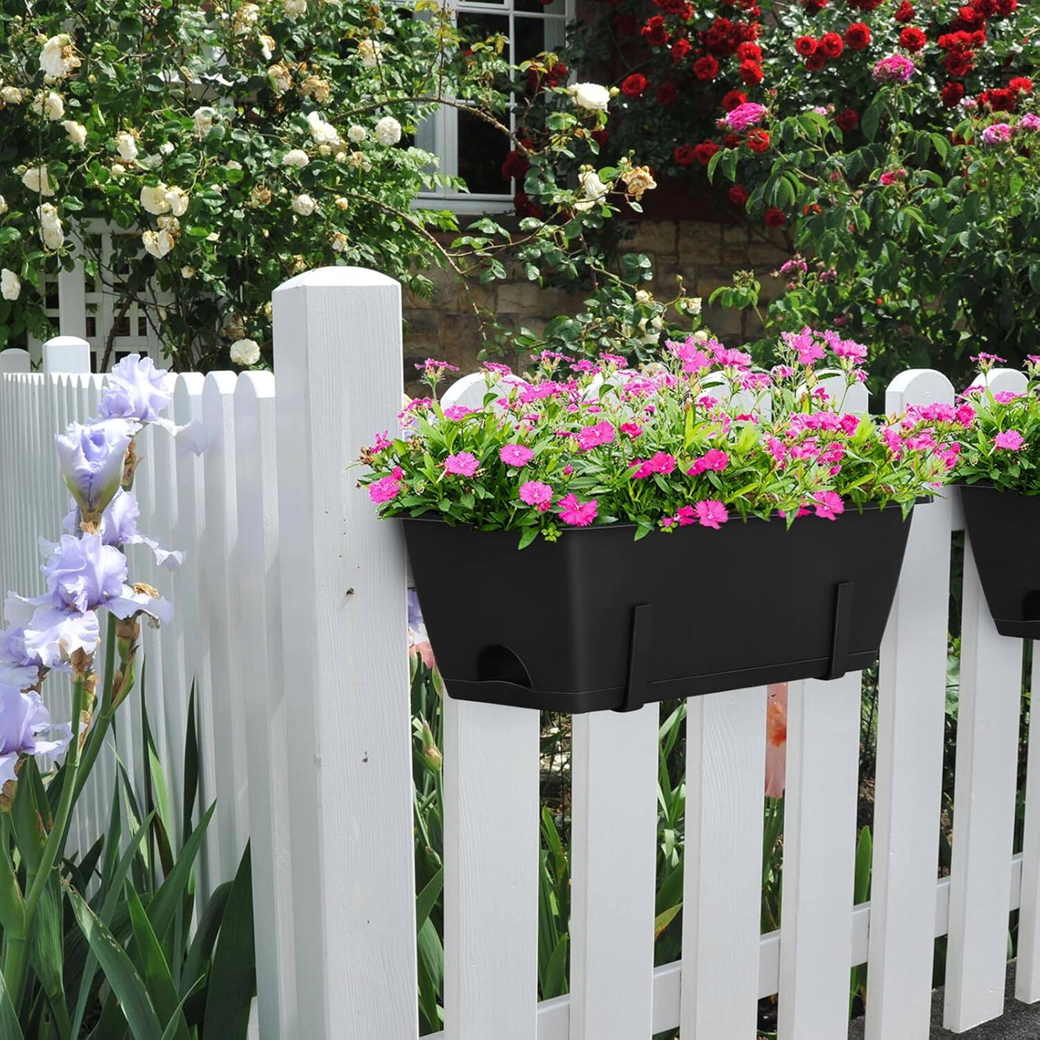 Alt View 3. Oumilen - 6-Pack Railing Planter Boxes, Black Adjustable Hook Rectangular Window Planters with Drainage & Tray for Fence Balcony.