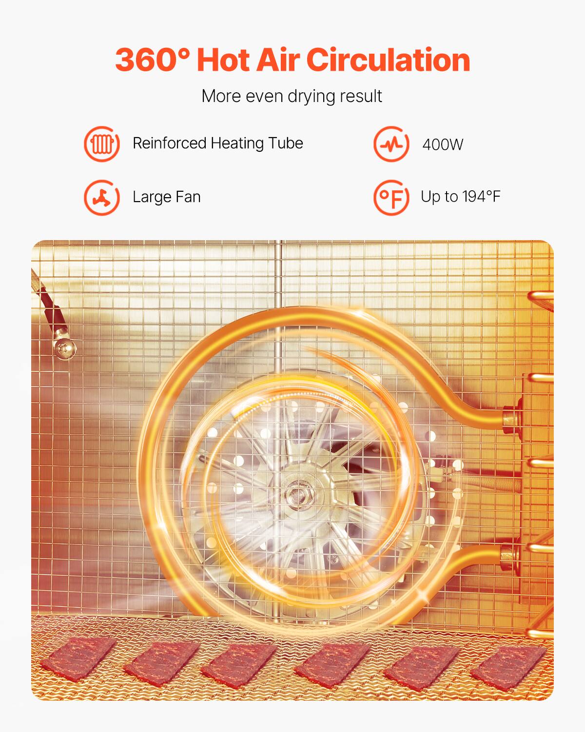 360° Hot Air Circulation  
More even drying result  
Reinforced Heating Tube  
400W  
Large Fan  
Up to 194°F
