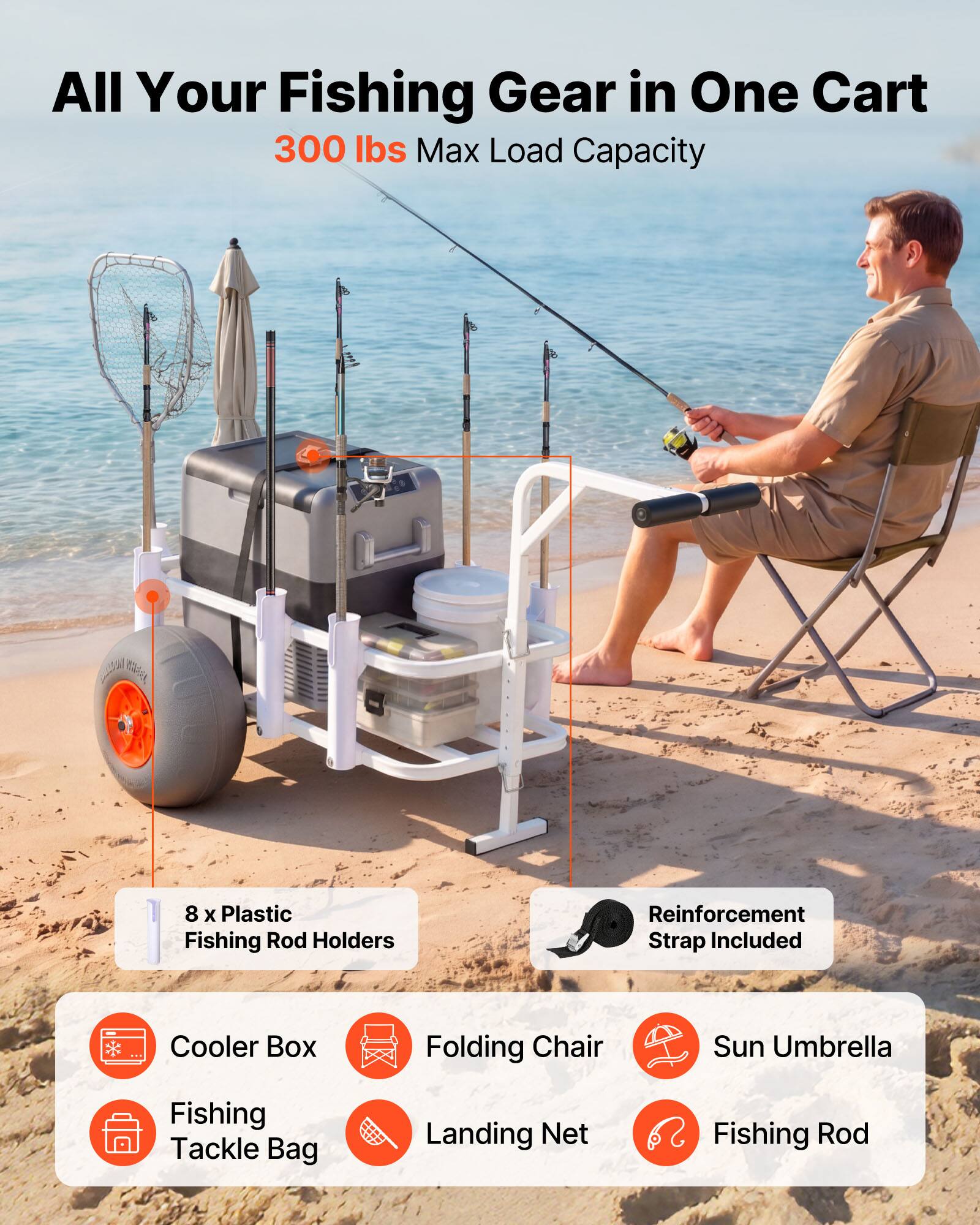 All Your Fishing Gear in One Cart  
300 lbs Max Load Capacity  

8 x Plastic Fishing Rod Holders  
Reinforcement Strap Included  

Cooler Box  
Folding Chair  
Sun Umbrella  
Fishing Tackle Bag  
Landing Net  
Fishing Rod