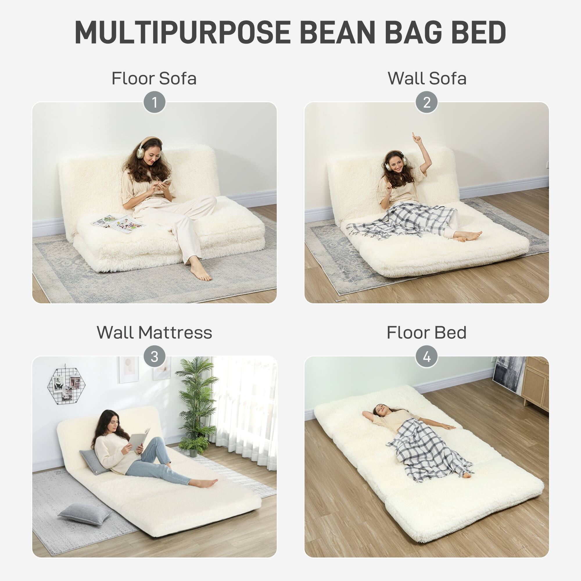 MULTIPURPOSE BEAN BAG BED

1. Floor Sofa
2. Wall Sofa
3. Wall Mattress
4. Floor Bed