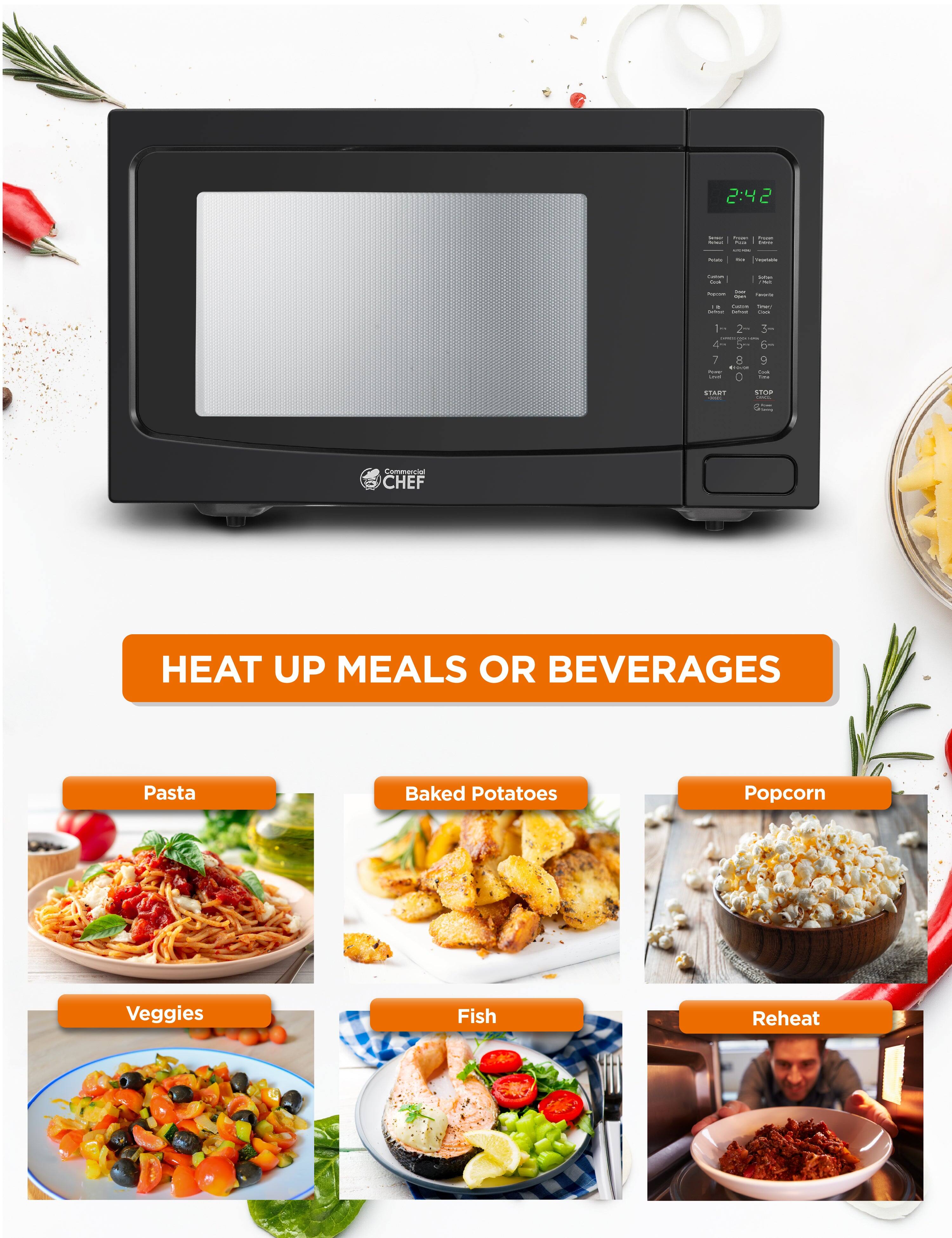 2:42 - : I : : I - - - : - - - - : I : . | - : : I : - 7 I . i 2- 3 - 1 I . d = 9 : - - SI.NT | aTOR - Commercia CHEF HEAT UP MEALS OR BEVERAGES Pasta Baked Potatoes Popcorn Veggies Fish Reheat