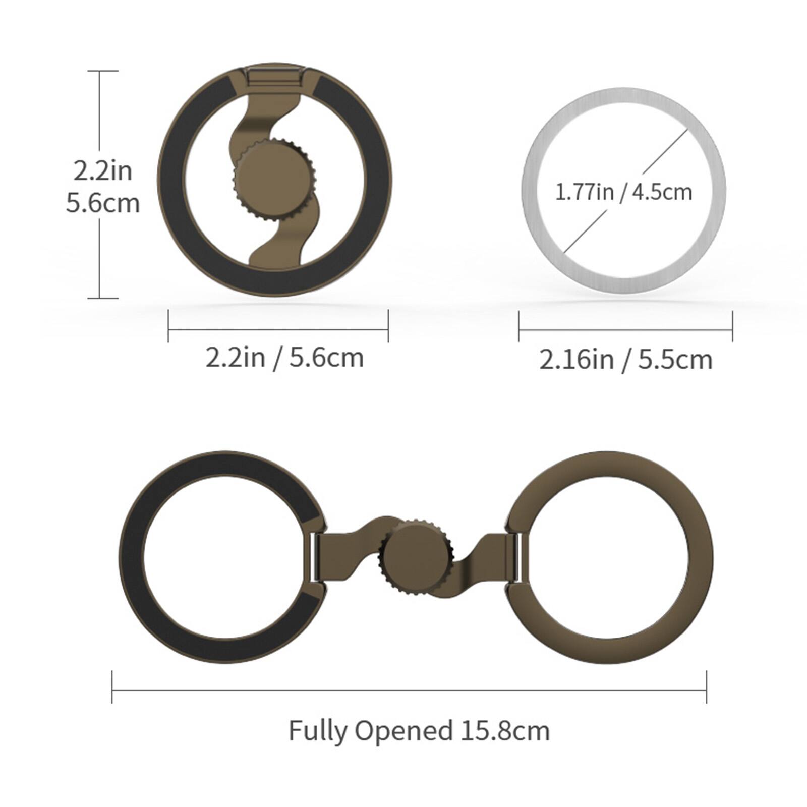 2.2in / 5.6cm  
1.77in / 4.5cm  
2.16in / 5.5cm  
Fully Opened 15.8cm