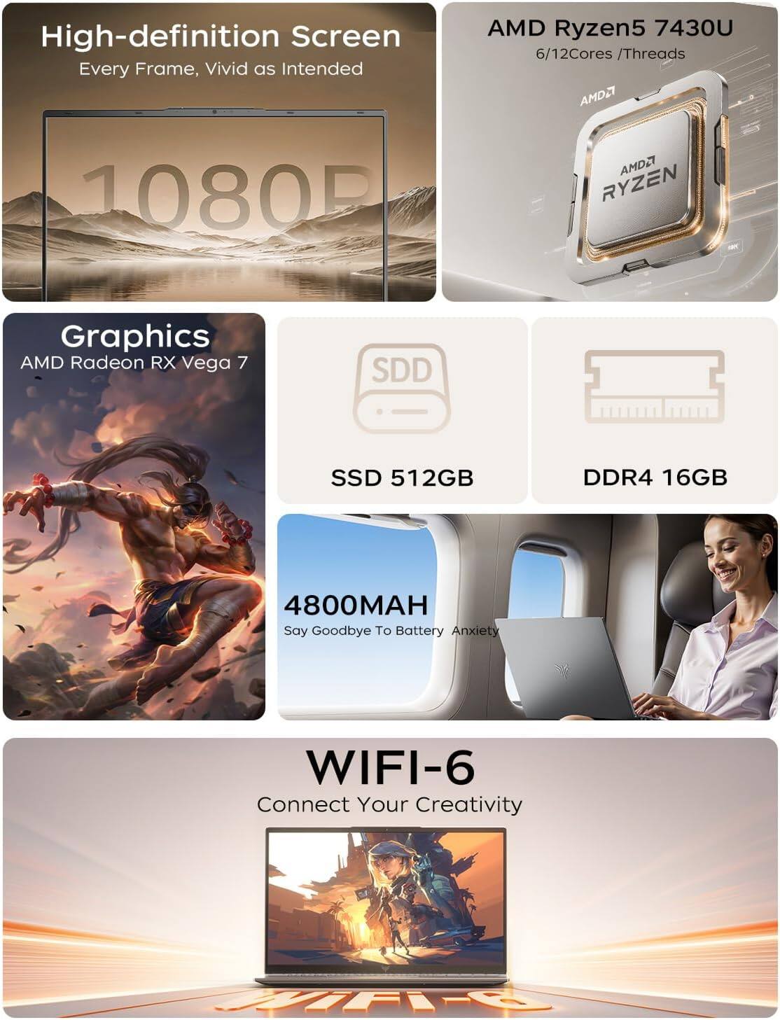 High-definition Screen Every Frame, Vivid as Intended  
AMD Ryzen5 7430U 6/12Cores /Threads  
AMD Radeon RX Vega 7  
SSD 512GB  
DDR4 16GB  
4800MAH Say Goodbye To Battery Anxiety  
WIFI-6 Connect Your Creativity