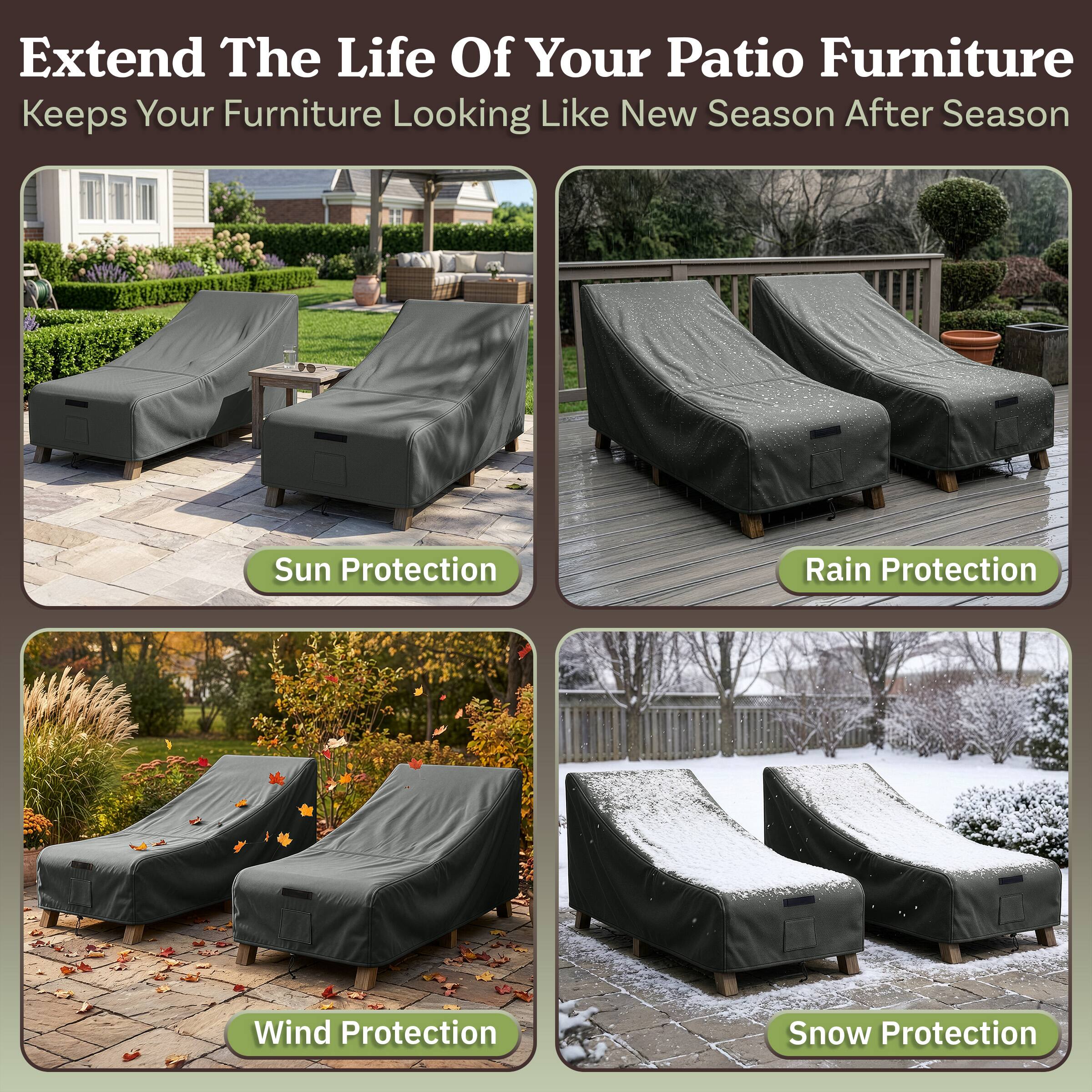 Extend The Life Of Your Patio Furniture  
Keeps Your Furniture Looking Like New Season After Season  

- Sun Protection  
- Rain Protection  
- Wind Protection  
- Snow Protection