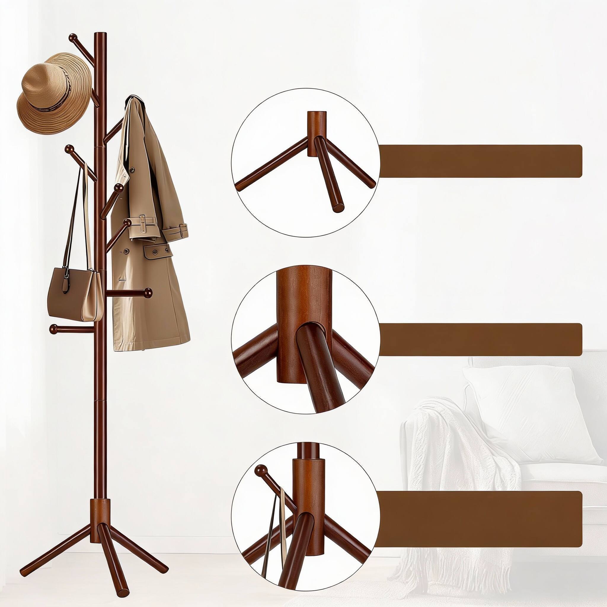 Alt View 2. Frangdom - Brown Solid Wood Adjustable Coat Rack 8 Hooks Tripod Base - Brown 21.75"D x 21.75"W x 69"H.