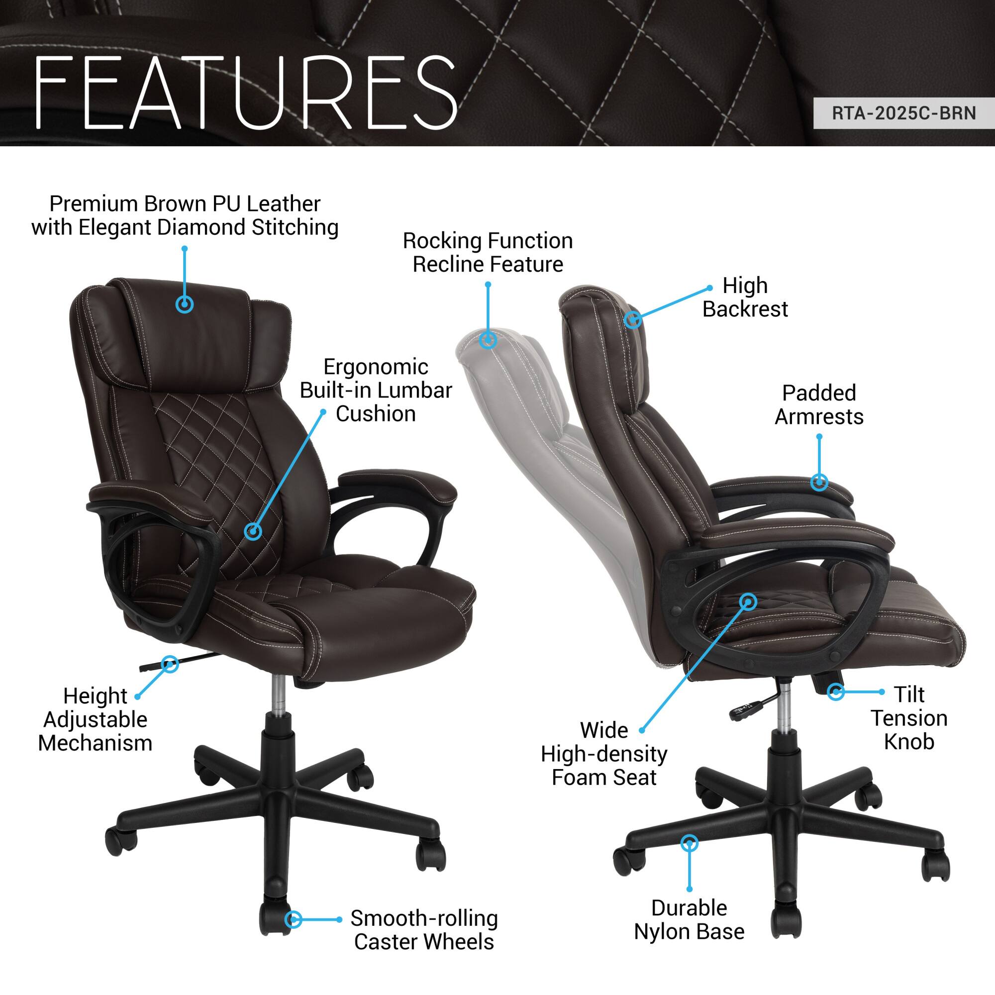Sure, here is the corrected and grouped text from the image:

---

**FEATURES**

- **Premium Brown PU Leather with Elegant Diamond Stitching**
- **Ergonomic Built-in Lumbar Cushion**
- **Height Adjustable Mechanism**
- **Smooth-rolling Caster Wheels**
- **Durable Nylon Base**
- **Rocking Function Recline Feature**
- **High Backrest**
- **Padded Armrests**
- **Wide High-density Foam Seat**
- **Tilt Tension Knob**

---

This text is organized to match the features highlighted in the image.