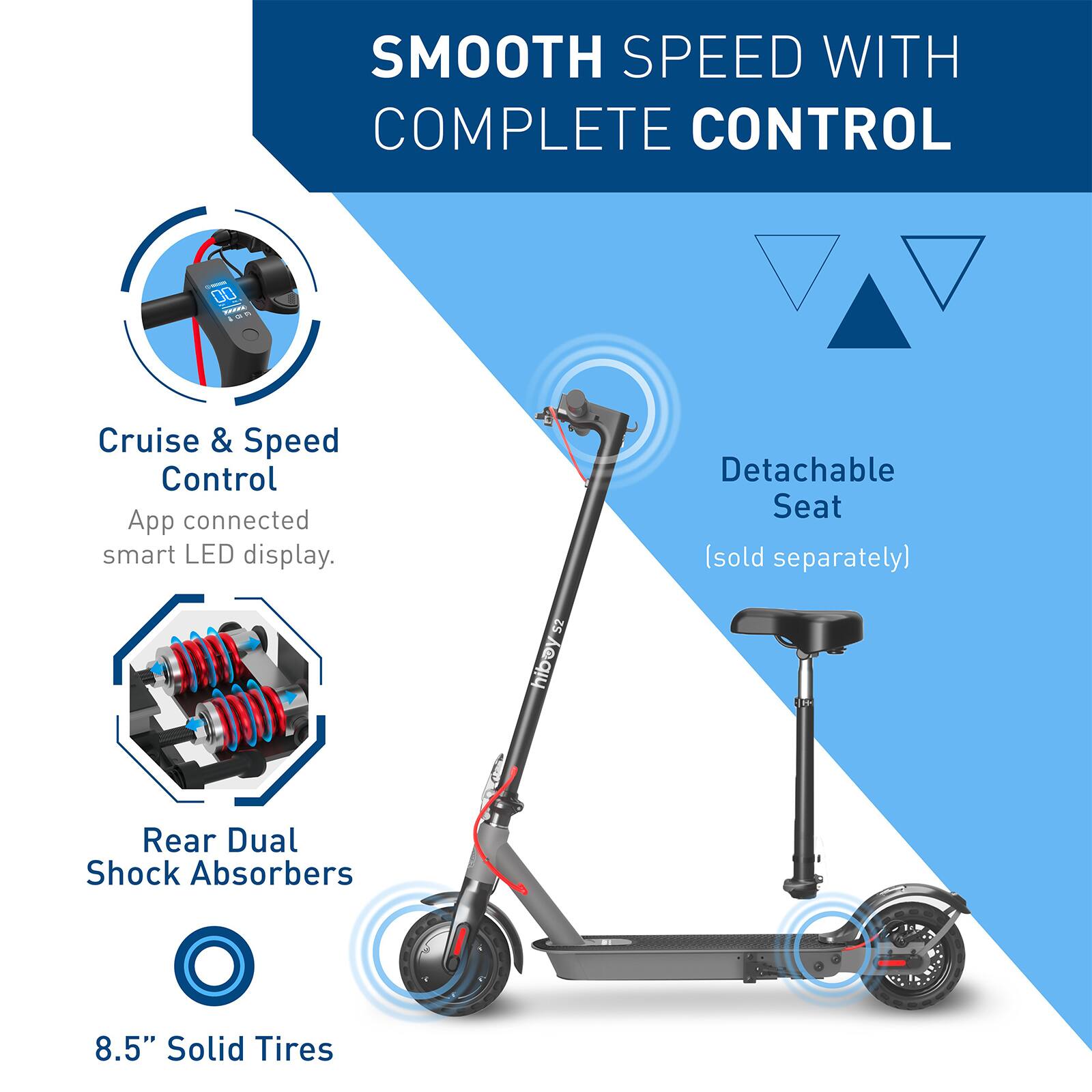 Smooth Speed with Complete Control: Cruise & Speed Control App connected smart LED display. Detachable Seat (sold separately). Rear Dual Shock Absorbers. 8.5" Solid Tires.