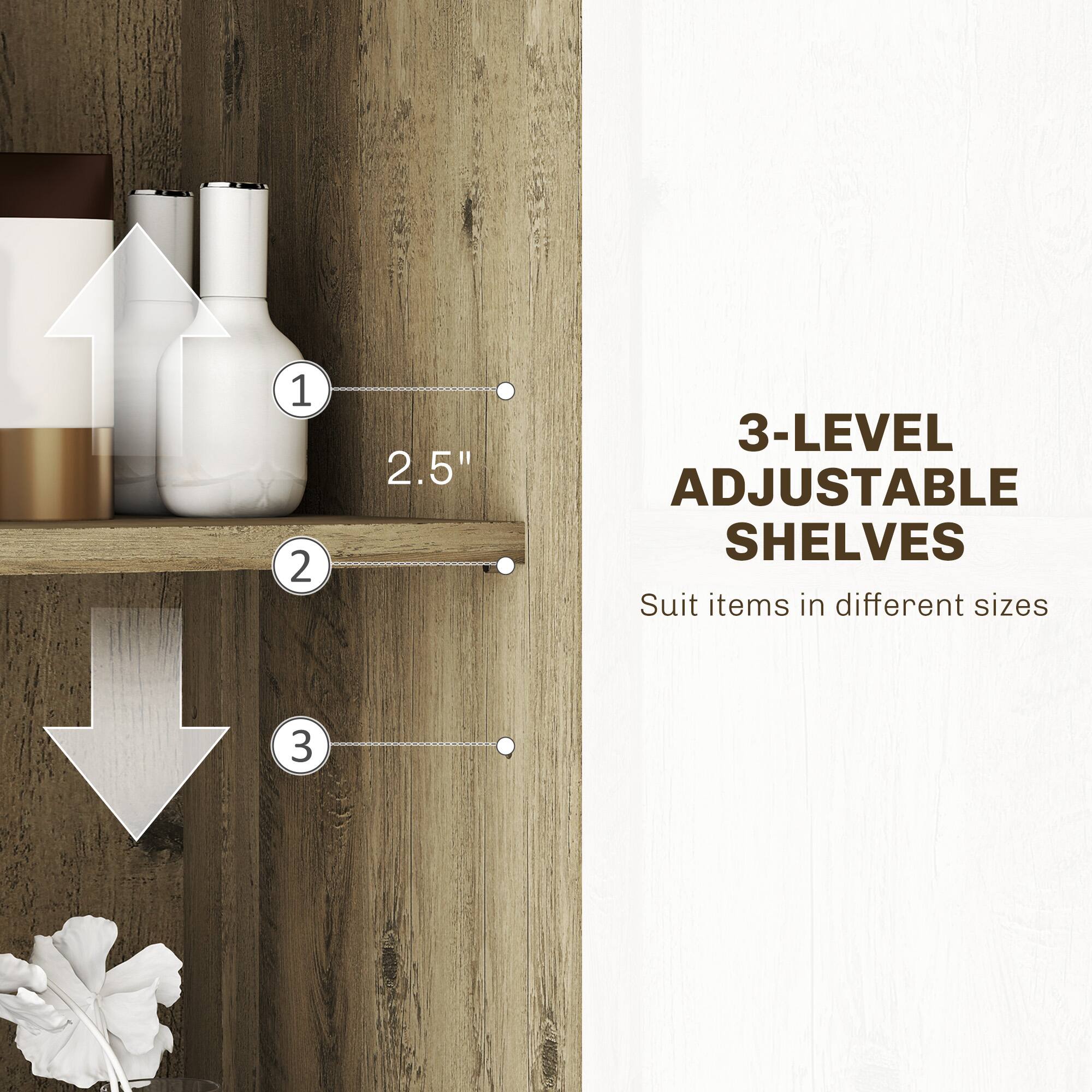 1 2 2.5" 3-LEVEL ADJUSTABLE SHELVES Suit items in different sizes 3