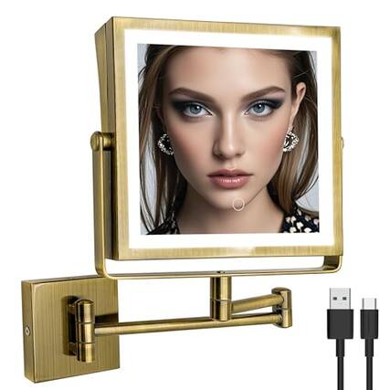 Front. Cedar Assembly - Mirror Lighted Magnifying Rechargeable Vanity Makeup Multi-Color Premium Quality Stylish Design - Antique Brass-wall.