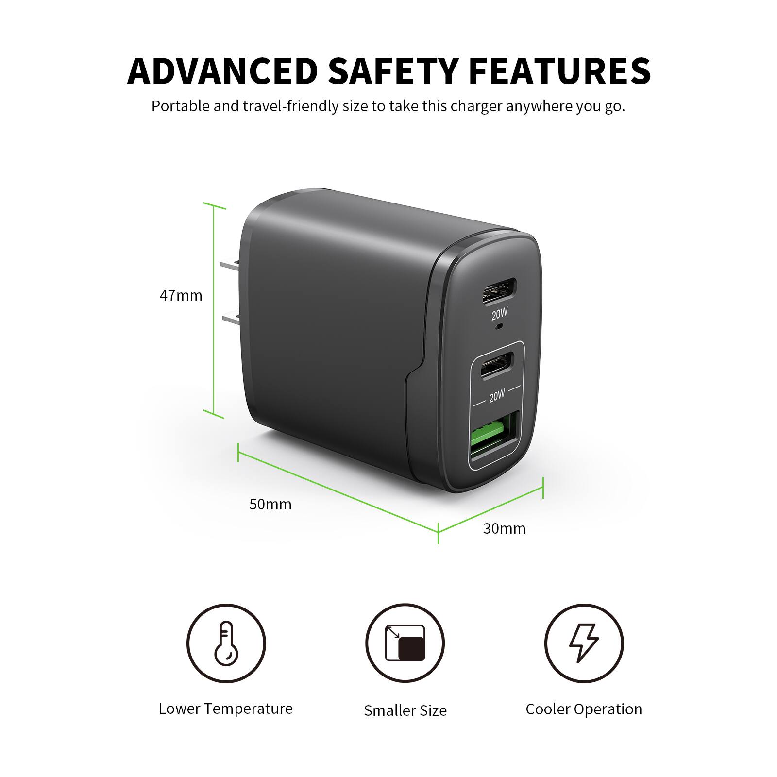 ADVANCED SAFETY FEATURES  
Portable and travel-friendly size to take this charger anywhere you go.  

47mm  
50mm  
30mm  

Lower Temperature  
Smaller Size  
Cooler Operation