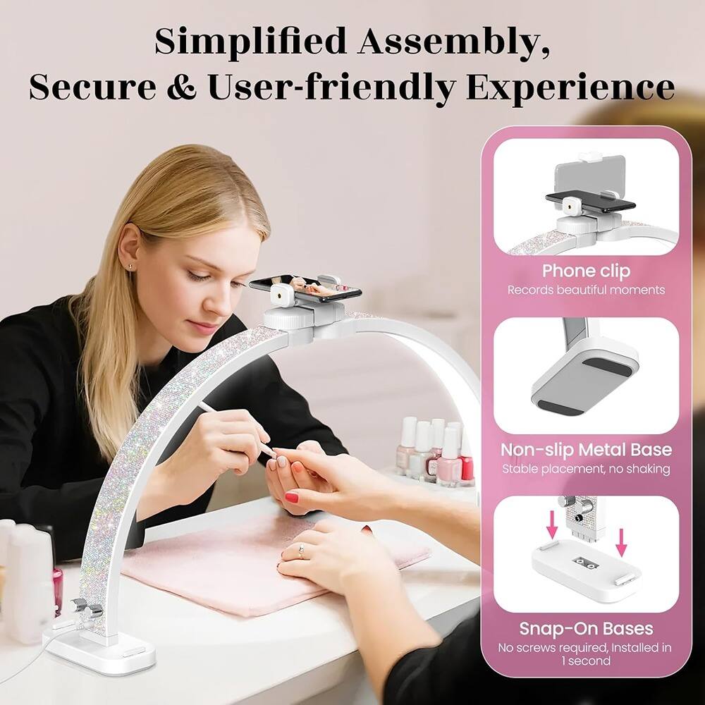 Simplified Assembly, Secure & User-friendly Experience

- Phone clip
  - Records beautiful moments

- Non-slip Metal Base
  - Stable placement, no shaking

- Snap-On Bases
  - No screws required, Installed in 1 second