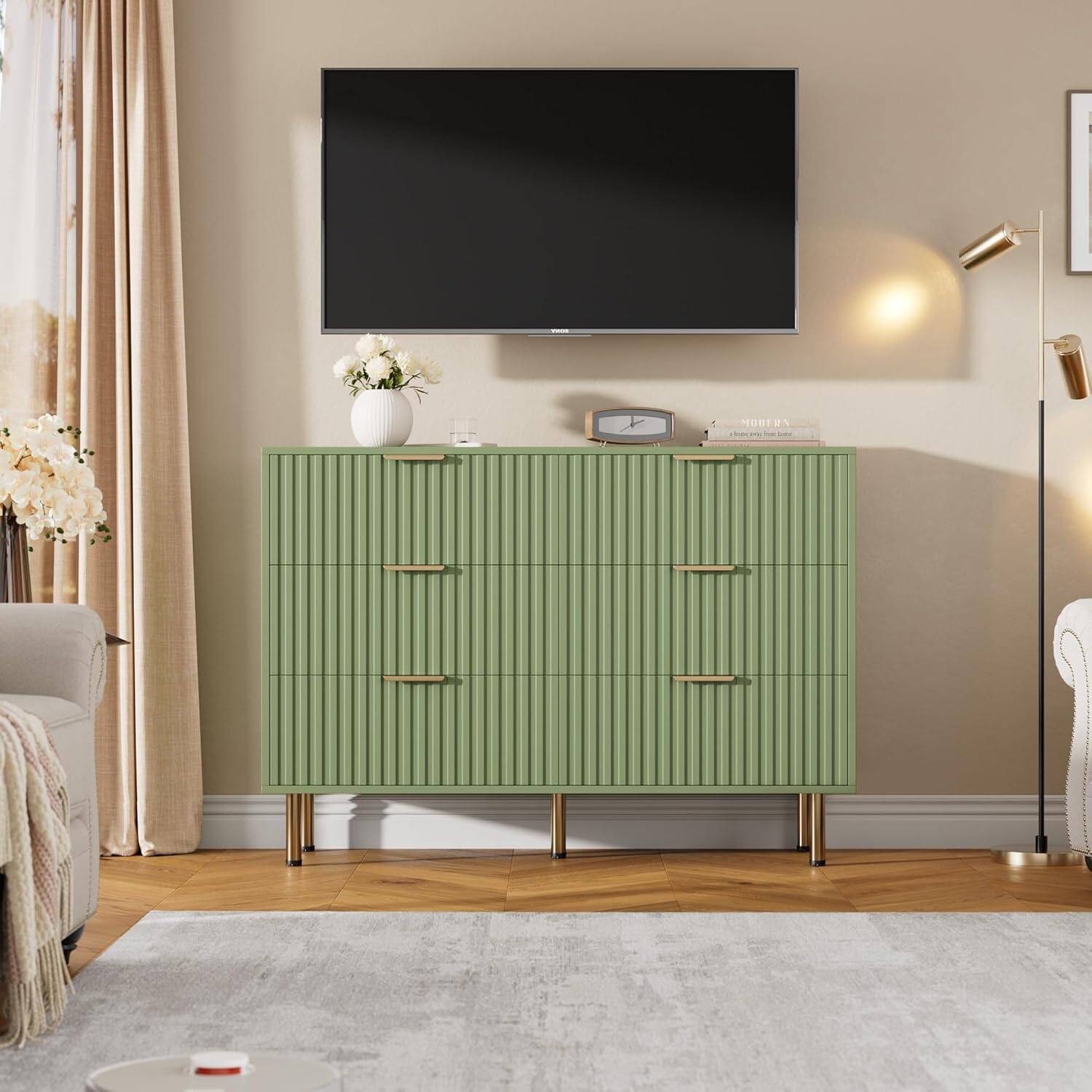 Alt View 2. Qeetex - Fluted 6 Drawer Dresser, 54" Wide Modern Chest with Deep Drawers, Wooden Double Dresser TV Stand for Bedroom, Hallway - Green.