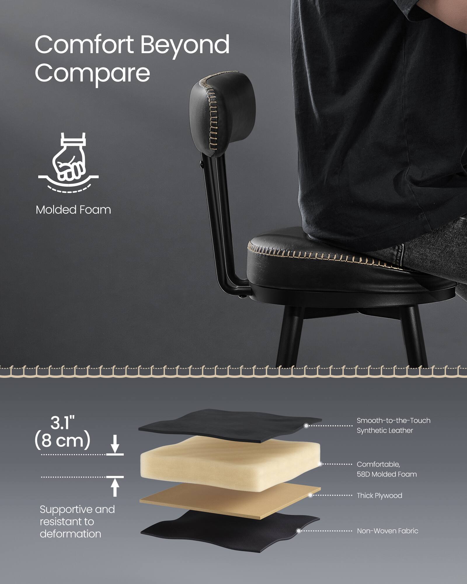Comfort Beyond Compare

Molded Foam

3.1" (8 cm)

Smooth-to-the-Touch Synthetic Leather

Comfortable, 58D Molded Foam

Supportive and resistant to deformation

Thick Plywood

Non-Woven Fabric