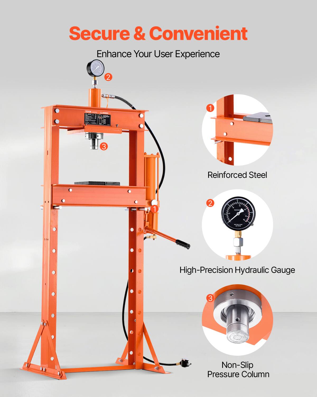 Secure & Convenient  
Enhance Your User Experience  

1. Reinforced Steel  
2. High-Precision Hydraulic Gauge  
3. Non-Slip Pressure Column