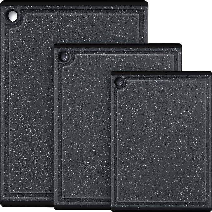 Front. PARKER SLATER - Kikcoin 3‑Pc Plastic Cutting Board Set – Non‑Slip, Juice Grooves, Dishwasher Safe.