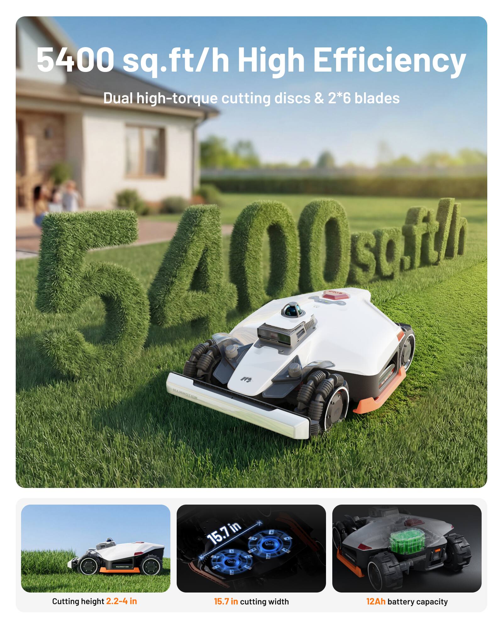 5400 sq.ft/h High Efficiency  
Dual high-torque cutting discs & 2*6 blades  

Cutting height: 2.2-4 in  
Cutting width: 15.7 in  
Battery capacity: 12Ah