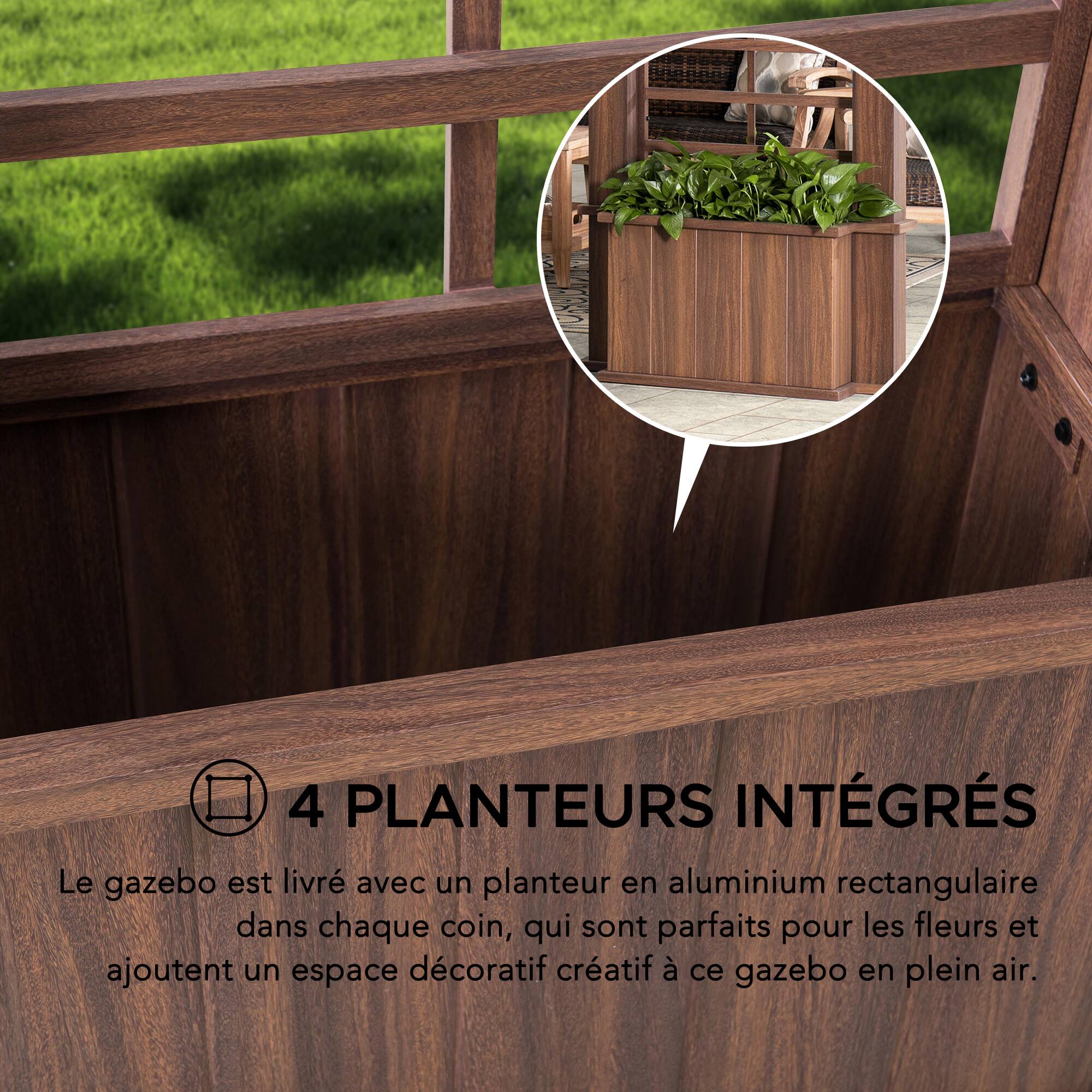 4 PLANTEURS INTÉGRÉS

Le gazebo est livré avec un planteur en aluminium rectangulaire dans chaque coin, qui sont parfaits pour les fleurs et ajoutent un espace décoratif créatif à ce gazebo en plein air.
