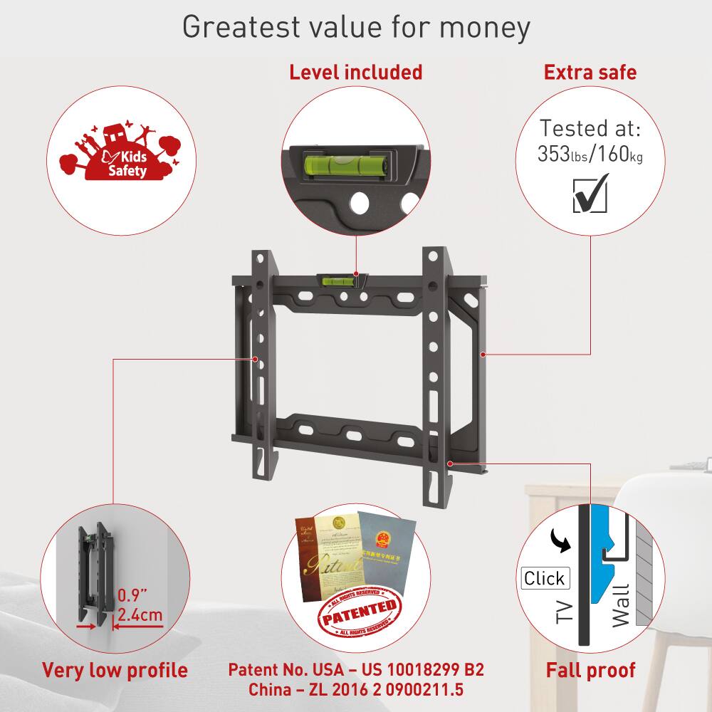 Greatest value for money  
Level included  
Extra safe  

Kids Safety  
Tested at: 353lbs/160kg  

0.9" / 2.4cm  

Very low profile  
Patent No. USA - US 10018299 B2  
China - ZL 2016 2 0900211.5  

Fall proof  

Click TV Wall