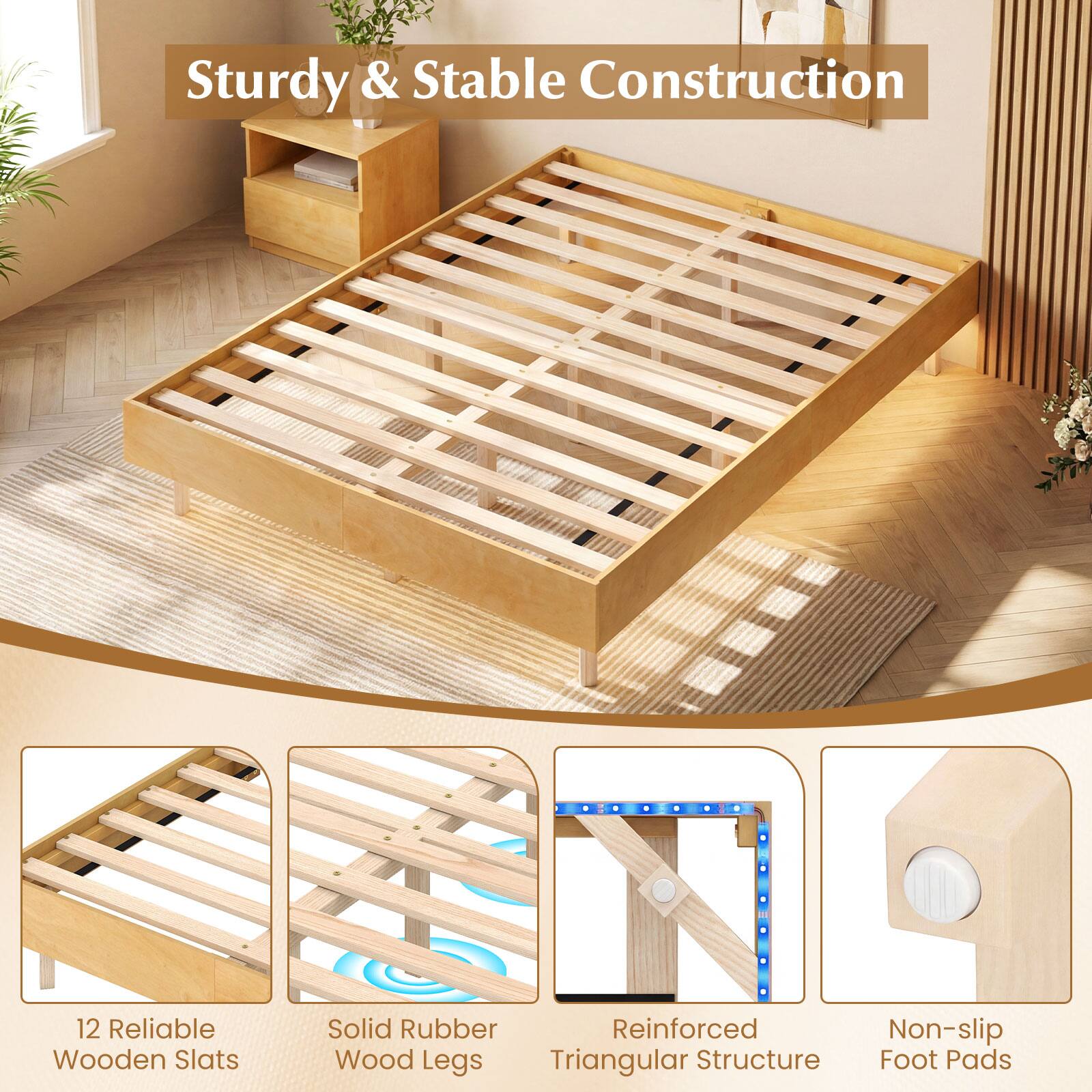 Sturdy & Stable Construction

- 12 Reliable Wooden Slats
- Solid Rubber Wood Legs
- Reinforced Triangular Structure
- Non-slip Foot Pads
