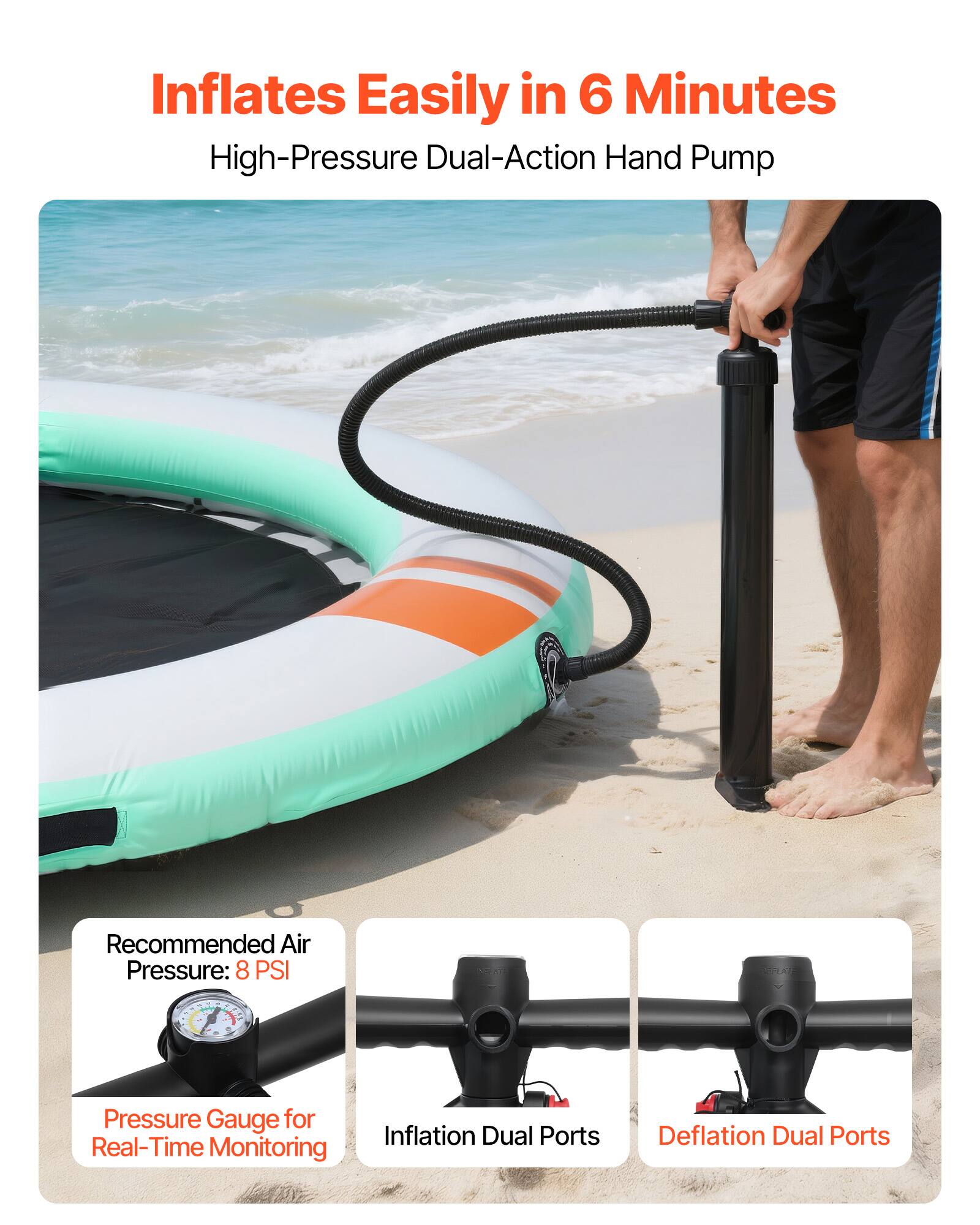 Inflates Easily in 6 Minutes  
High-Pressure Dual-Action Hand Pump  

Recommended Air Pressure: 8 PSI  
Pressure Gauge for Real-Time Monitoring  
Inflation Dual Ports  
Deflation Dual Ports
