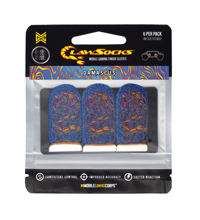 6 PER PACK  
ONE SIZE FITS MOST  

LAW SOCKS  
MOBILE GAMING FINGER SLEEVES  

DAMASCUS  

MADE WITH 100% SILVER  

CONSISTENT CONTROL  
IMPROVED ACCURACY  
FASTER REACTION  

MOBILEGAMINGCORPS
