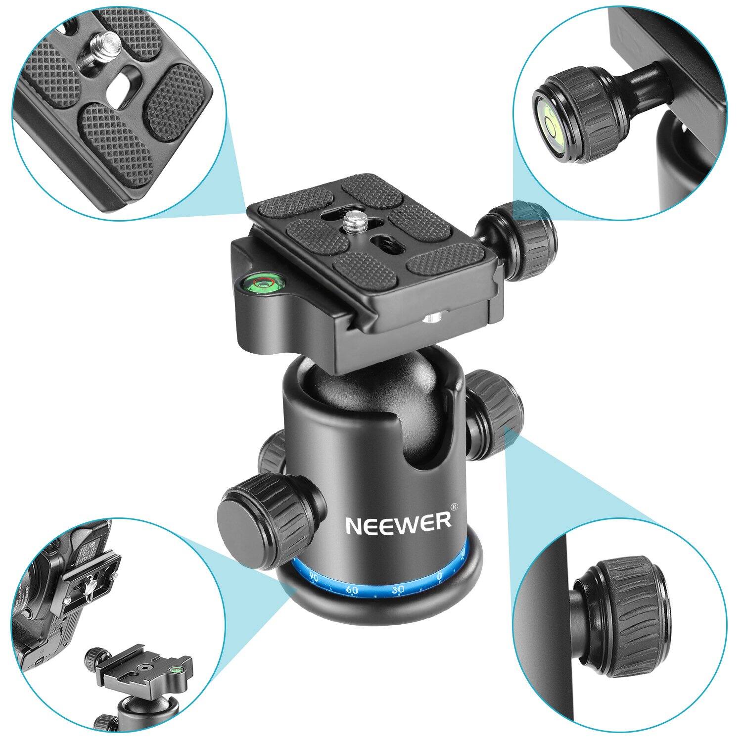 Angle. Neewer - 36mm 360° Panoramic Ball Head with Arca QR Plate, 17.6lb Load, Blue.