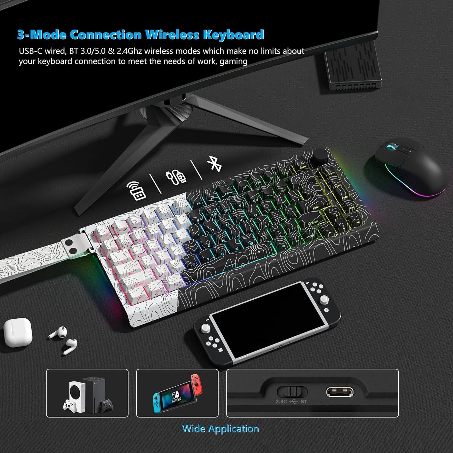 3-Mode Connection Wireless Keyboard  
USB-C wired, BT 3.0/5.0 & 2.4Ghz wireless modes which make no limits about your keyboard connection to meet the needs of work, gaming  

* GD Bo 2.4G + Wide Application