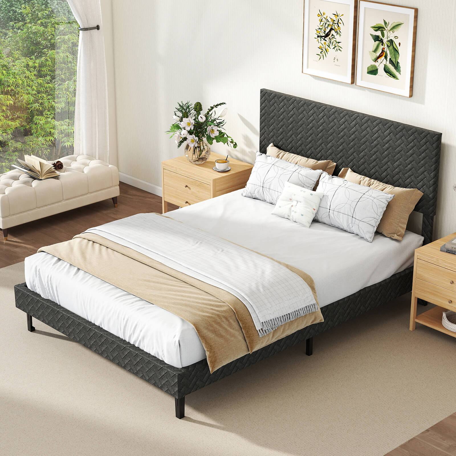 Alt View 3. Costway - Costway Full Size Bed Frame with Height Adjustable Chevron Headboard, No Box Spring Needed - Gray.