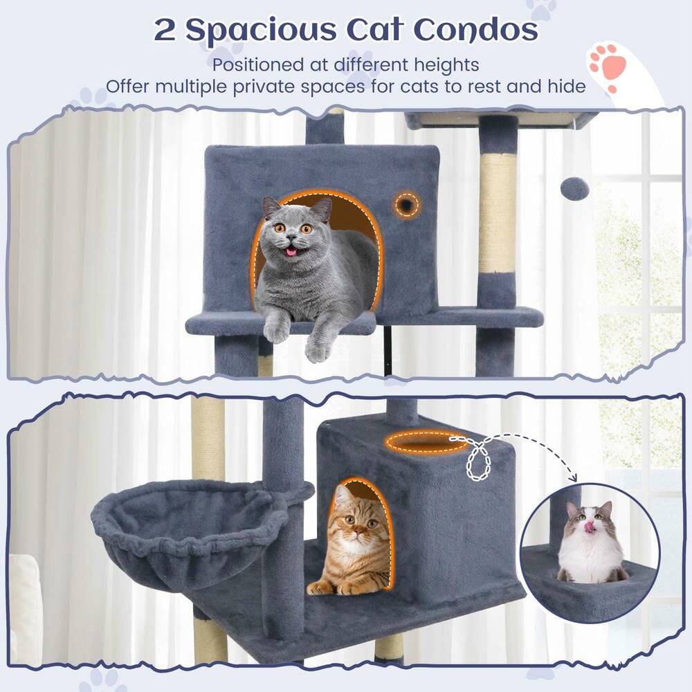 2 Spacious Cat Condos  
Positioned at different heights  
Offer multiple private spaces for cats to rest and hide