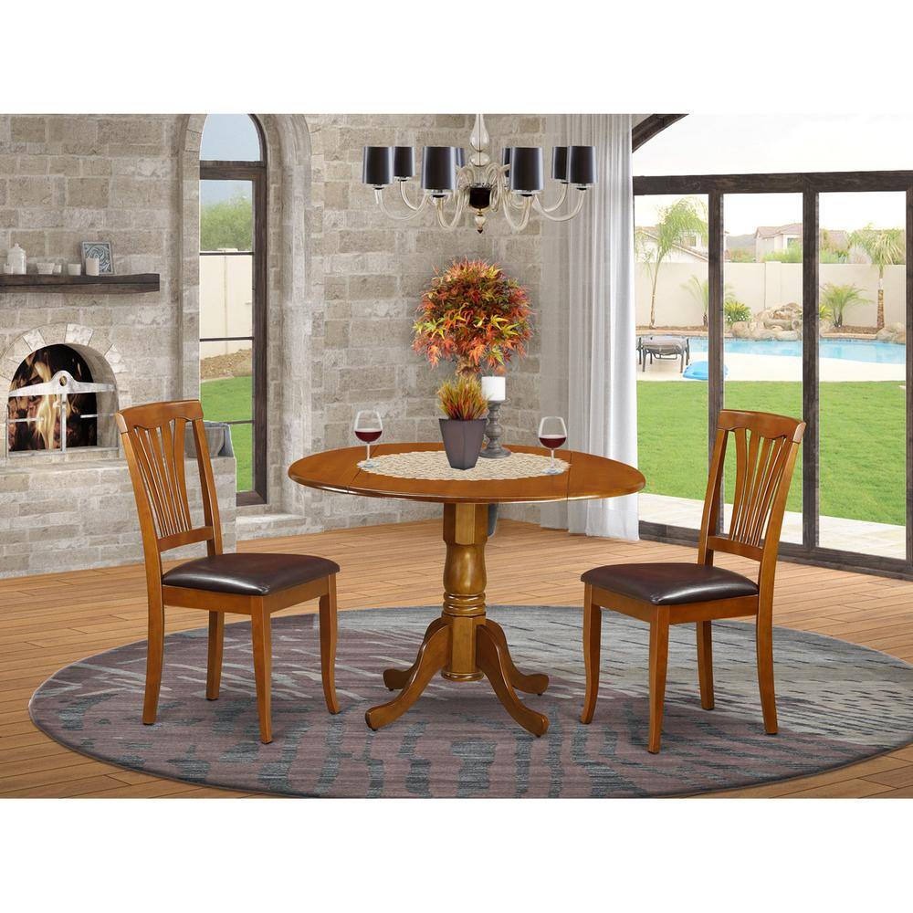 Back. East West Furniture - 3 PC Kitchen Table set-Dining Table and 2 Leather Kitchen Chairs - Saddle Brown.