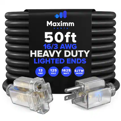 Maximm cable
50ft
16/3 AWG
HEAVY DUTY LIGHTED ENDS
13 AMP
125 VOLT
1625 WATT
SJTW JACKET