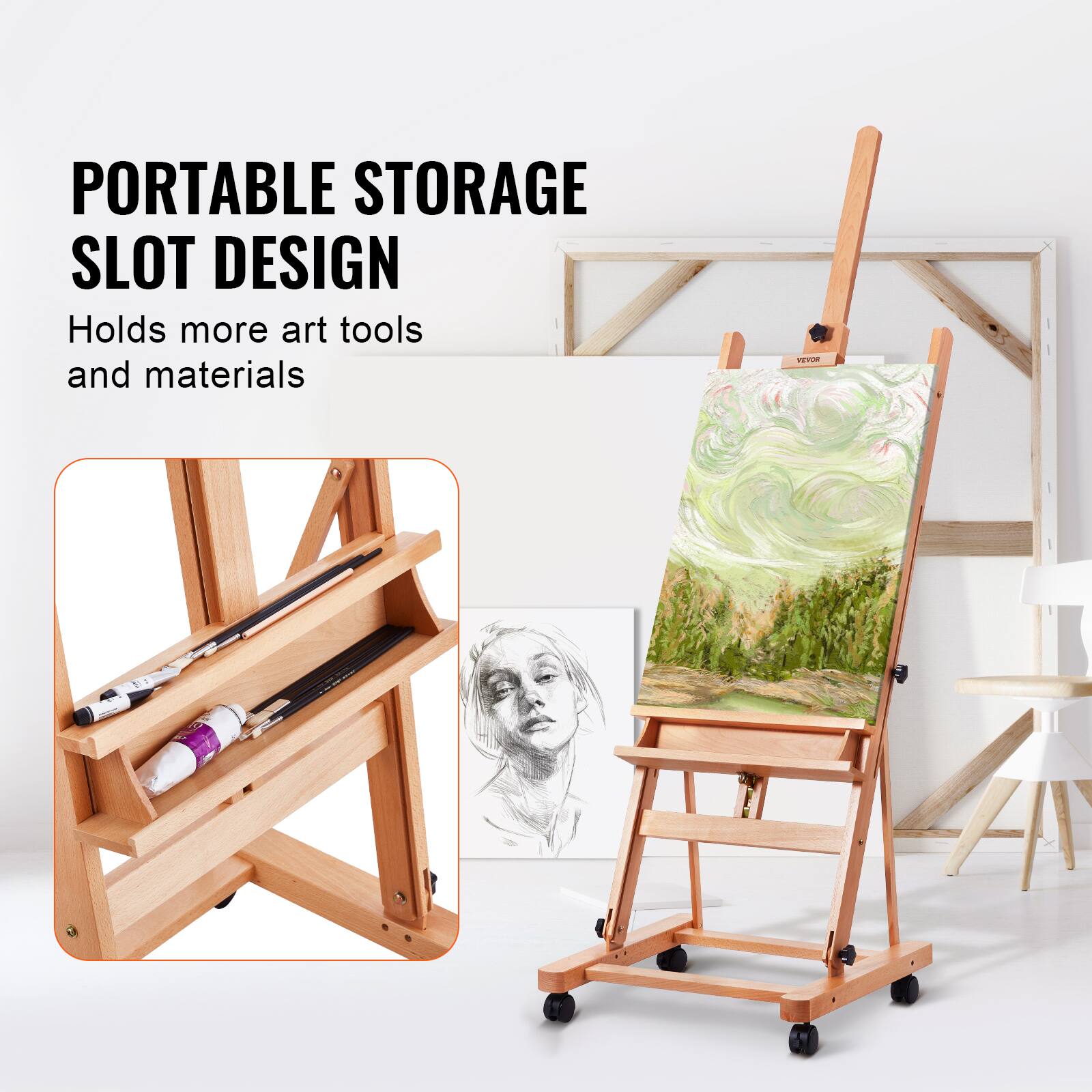 PORTABLE STORAGE SLOT DESIGN  
Holds more art tools and materials