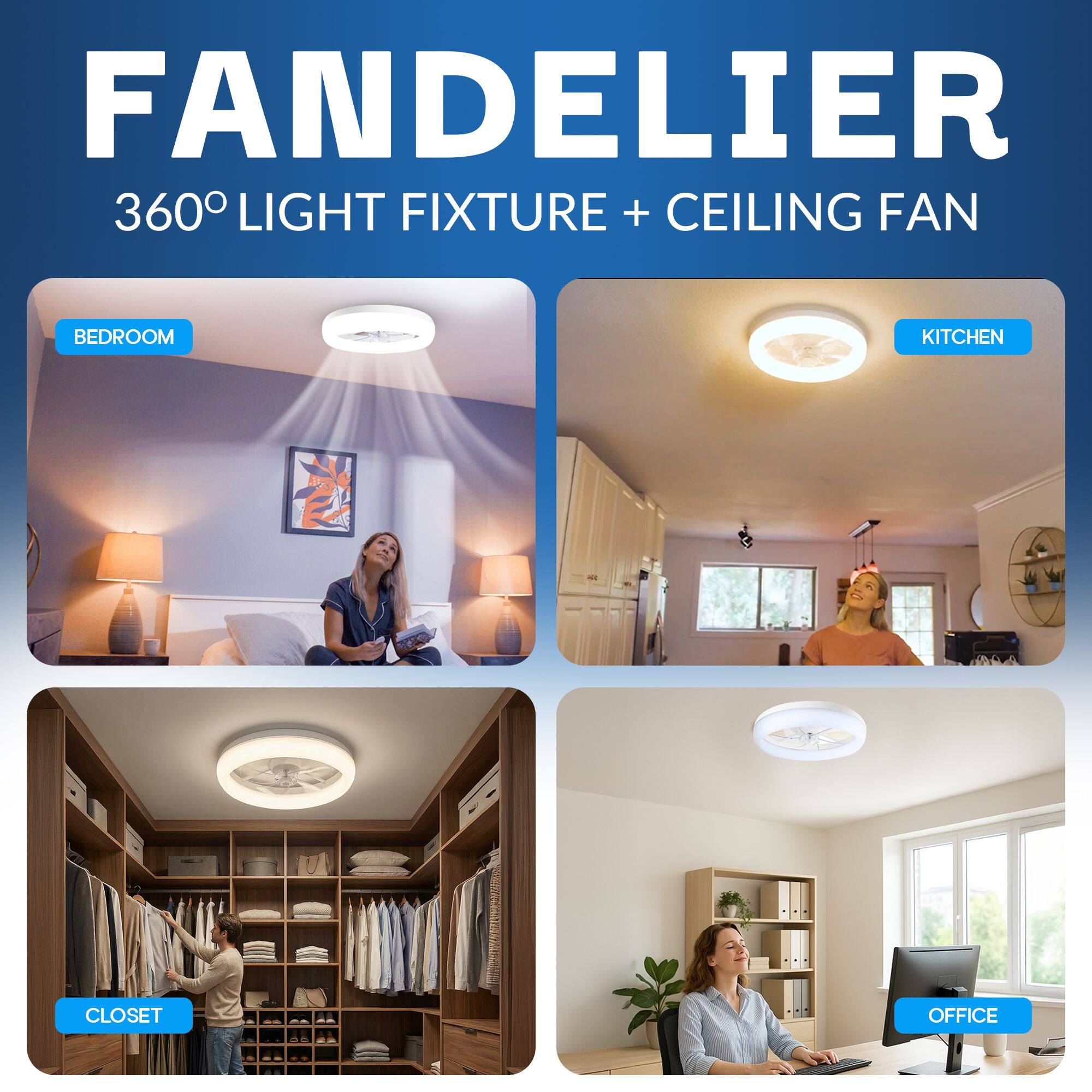 Fandelier 360 Light Fixture + Ceiling Fan

Bedroom  
Kitchen  
Closet  
Office