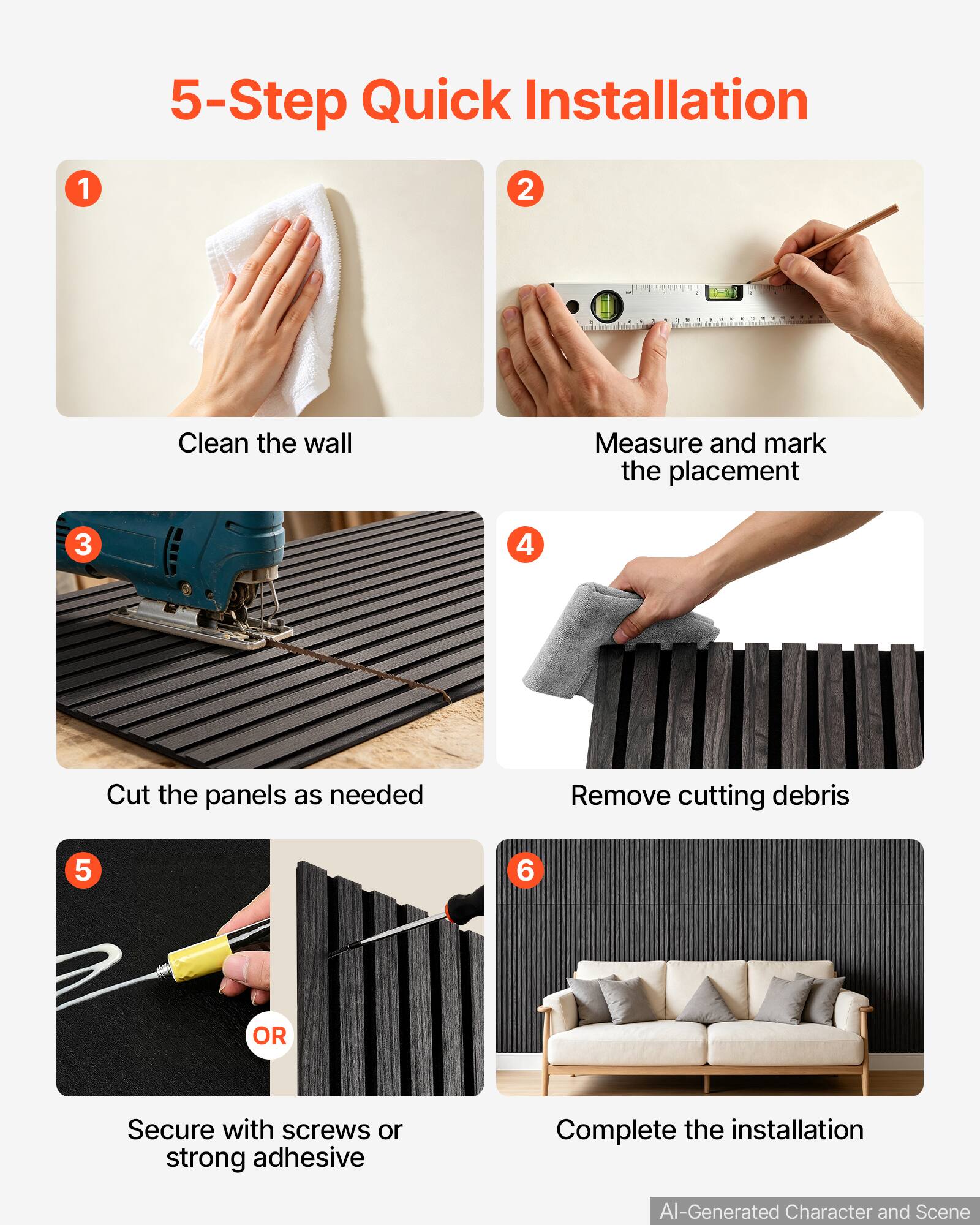 5-Step Quick Installation

1. Clean the wall
2. Measure and mark the placement
3. Cut the panels as needed
4. Remove cutting debris
5. Secure with screws or strong adhesive
6. Complete the installation