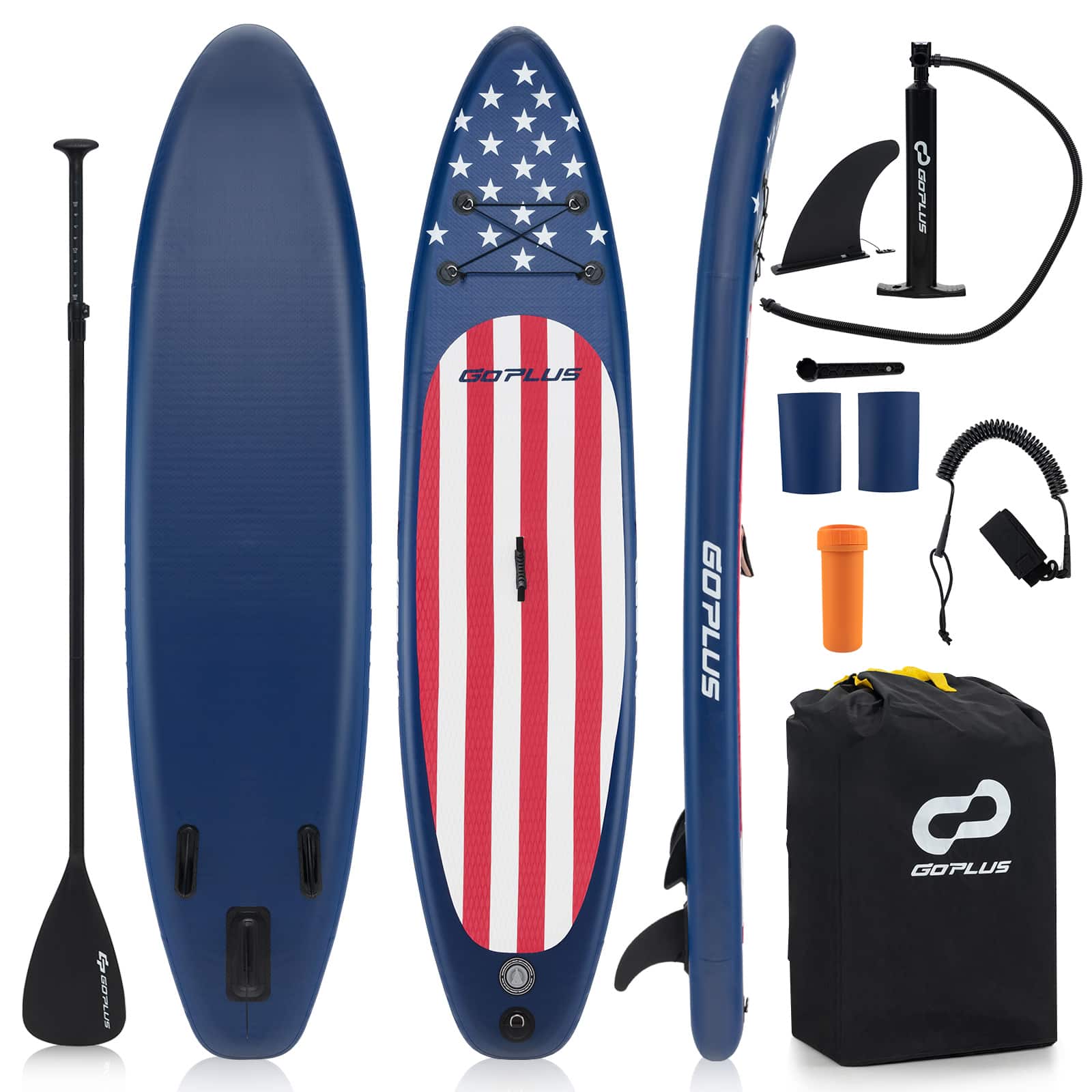 The image features a blue surfboard with an American flag design, along with a paddle, a bag, and other accessories. The surfboard is made by Goplous, a company known for their high-quality surfboards. The surfboard is displayed in a vertical position, showcasing its unique design and colors. The accessories, such as the paddle and bag, are placed around the surfboard, indicating that they are part of the surfing experience.