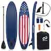 The image features a blue surfboard with an American flag design, along with a paddle, a bag, and other accessories. The surfboard is made by Goplous, a company known for their high-quality surfboards. The surfboard is displayed in a vertical position, showcasing its unique design and colors. The accessories, such as the paddle and bag, are placed around the surfboard, indicating that they are part of the surfing experience.