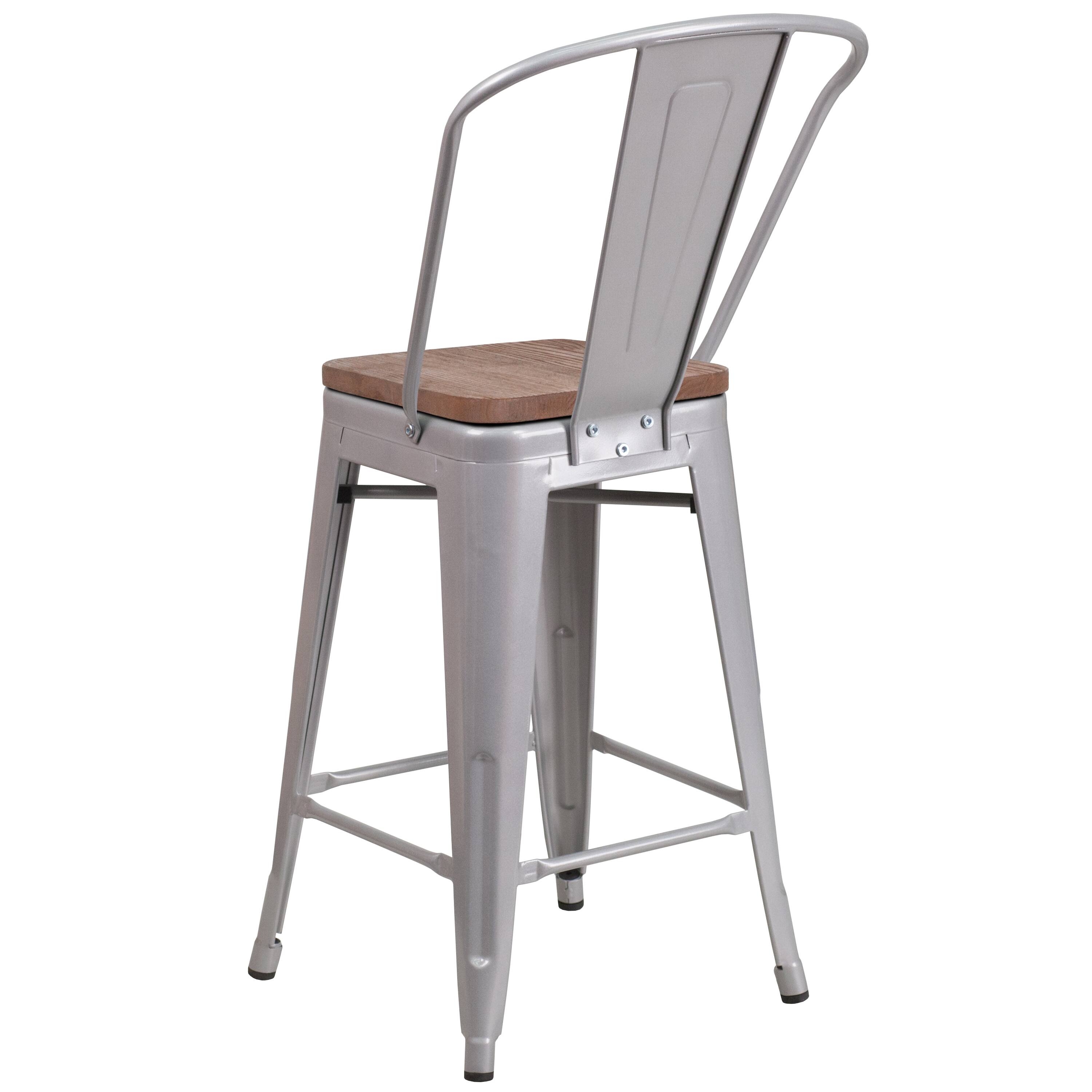 Alt View 5. Emma + Oliver - 24"H Metal Counter Height Stool with Back and Square Wood Seat - Silver.
