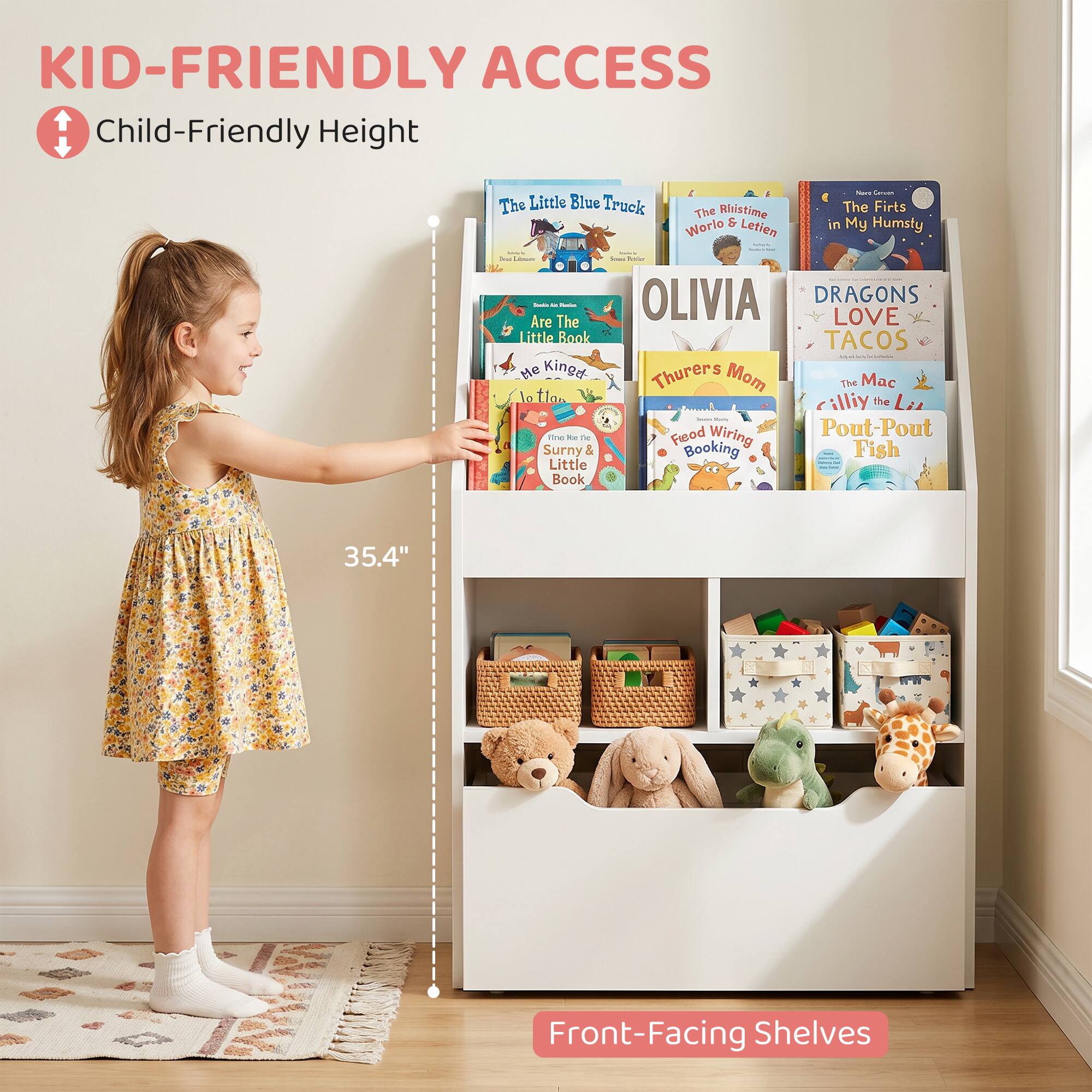 KID-FRIENDLY ACCESS  
Child-Friendly Height  
35.4"  
Front-Facing Shelves  

The Little Blue Truck  
The First Time in My Humsty  
Olivia  
Dragons Love Tacos  
Thurber's Mom  
The Little King  
Pout-Pout Fish  
Sunny & Little Book  
Feed the Worry Bug  
The World We Live In  
Are We There Yet?  
The Little Book