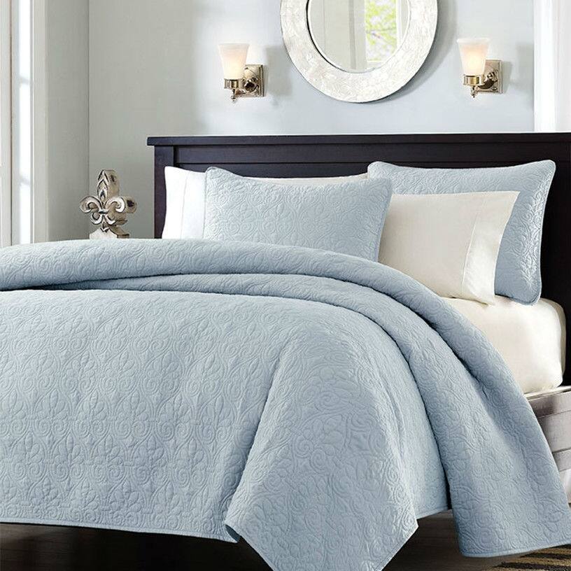 Front. Hivvago - Full / Queen size Quilted Bedspread Coverlet with 2 Shams in Light Blue - Light Blue.