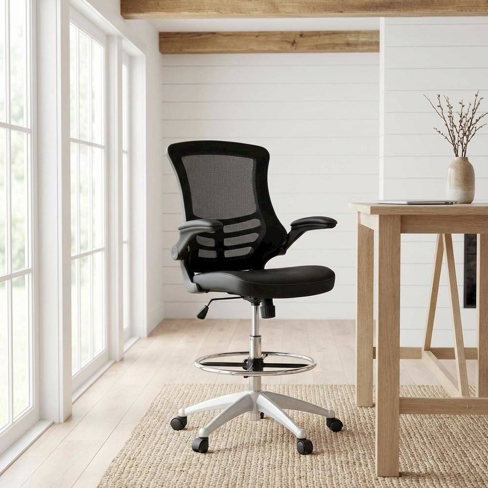 Angle. FurniFact - Vinyl Drafting Chair with Armrests and Adjustable Height for Office Use - Black.