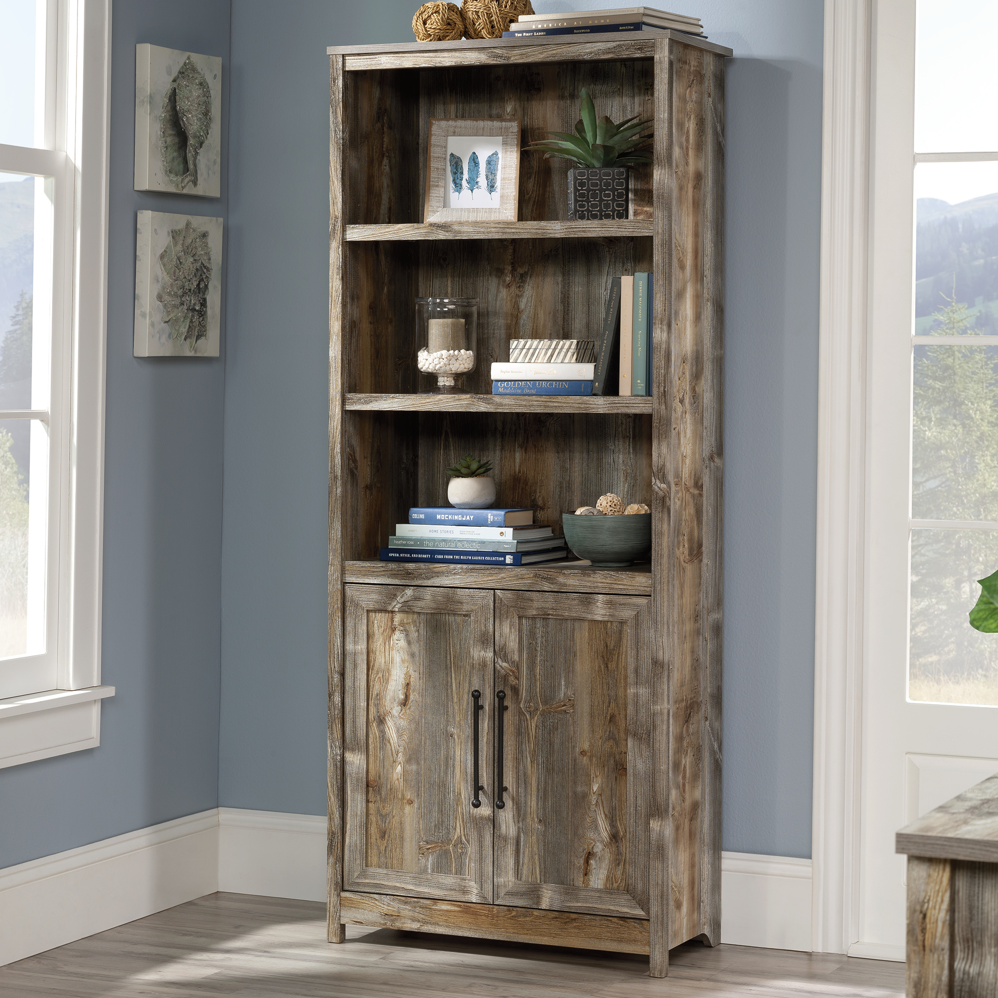 Angle View: Sauder - Granite Trace 5-Shelf Library Bookcase w/ Doors - Rustic Cedar