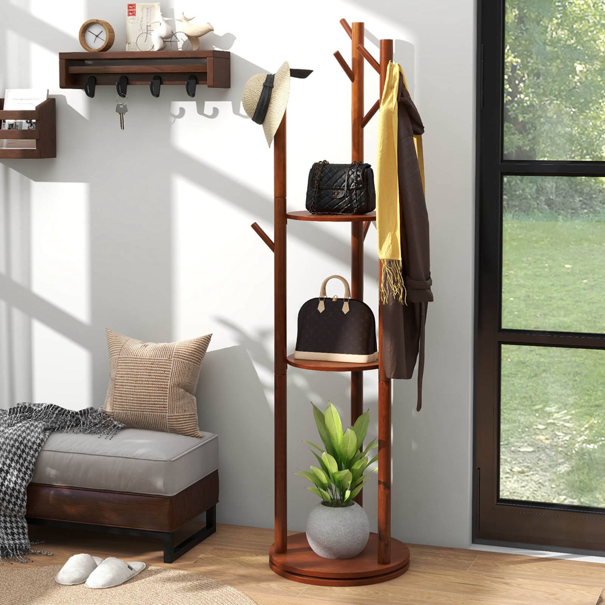 Alt View 1. Costway - Costway Freestanding Wooden Coat Tree 360° Rotary Coat Rack with 3 Display Storage Shelves - Walnut.
