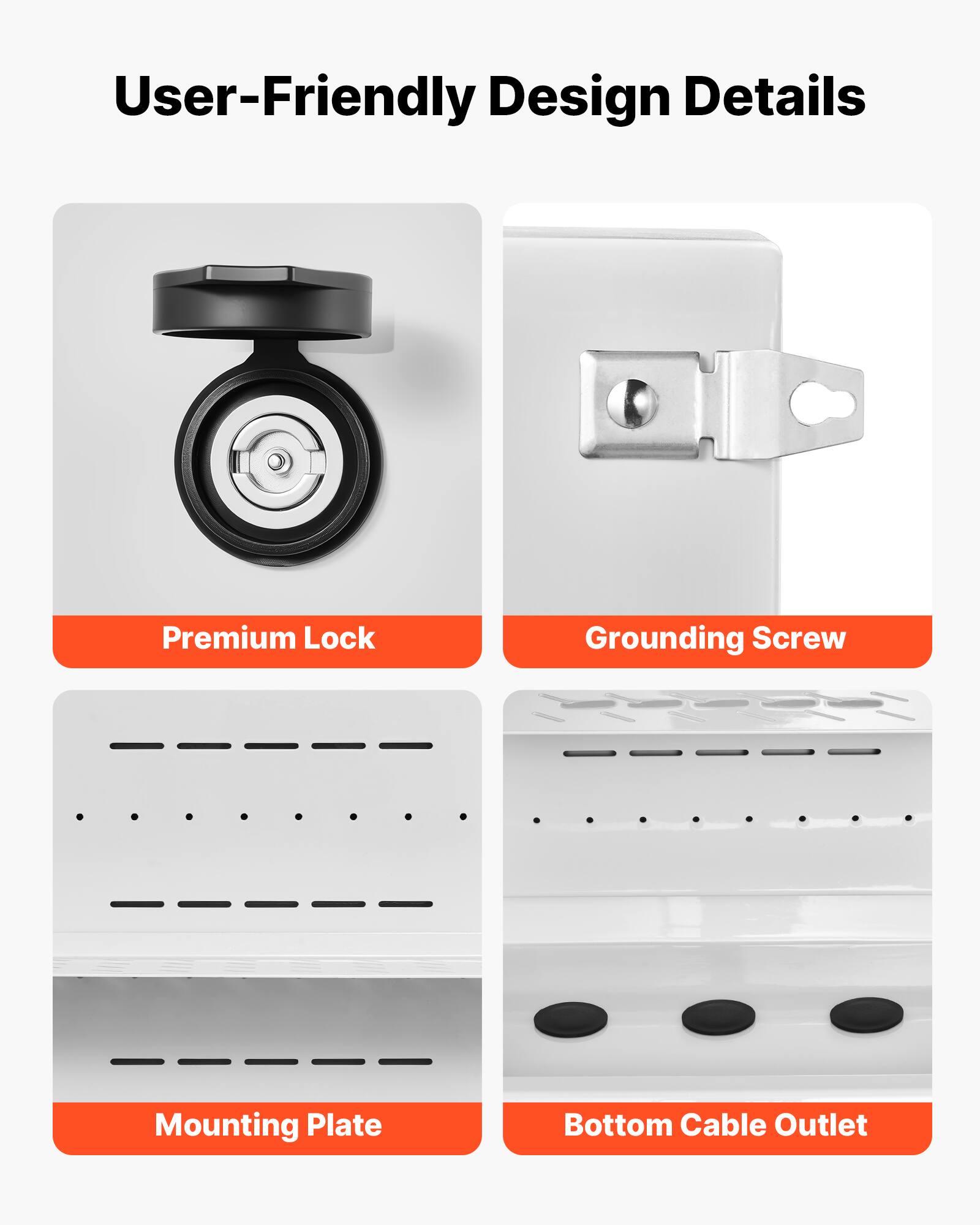 User-Friendly Design Details

- Premium Lock
- Grounding Screw
- Mounting Plate
- Bottom Cable Outlet