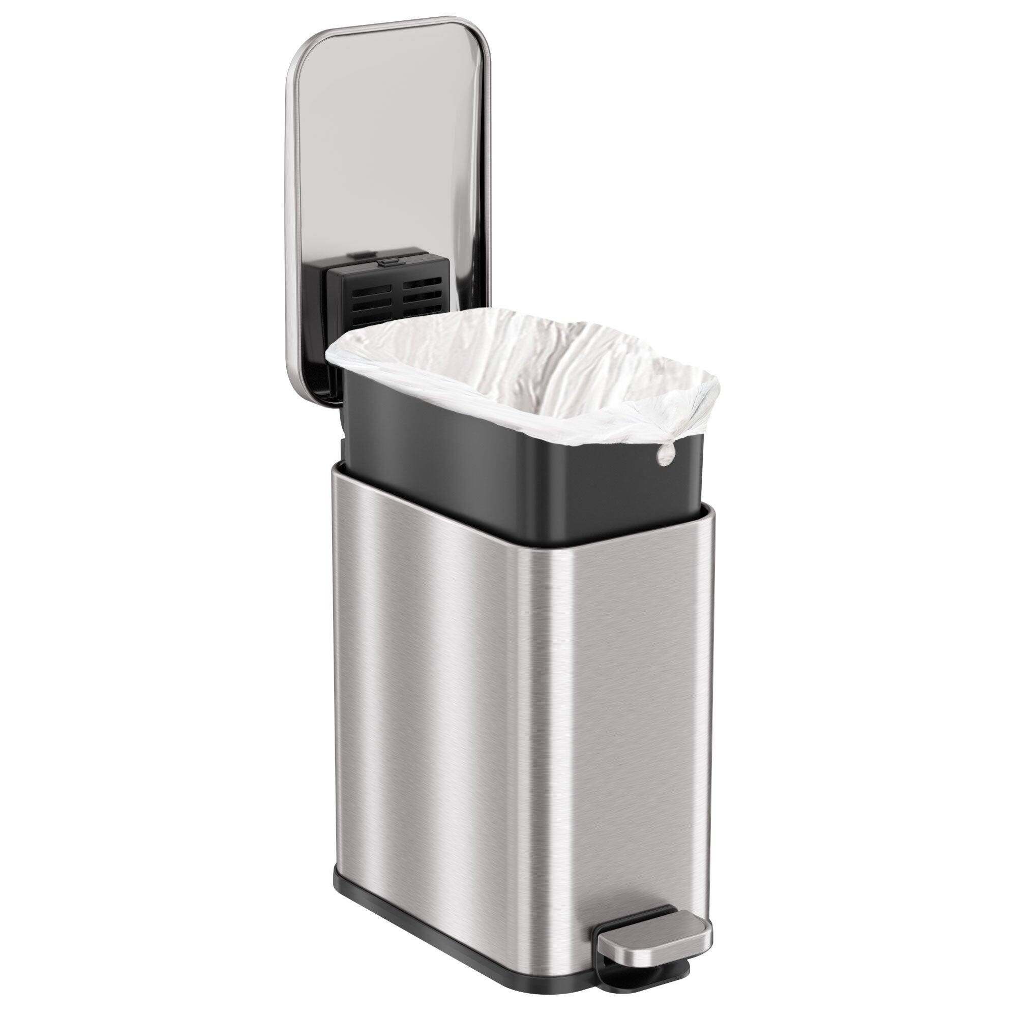 Back. iTouchless - 1.3 Gallon SoftStep Stainless Steel Slim Step Pedal Bathroom Trash Can with AbsorbX Odor Filter - Silver.