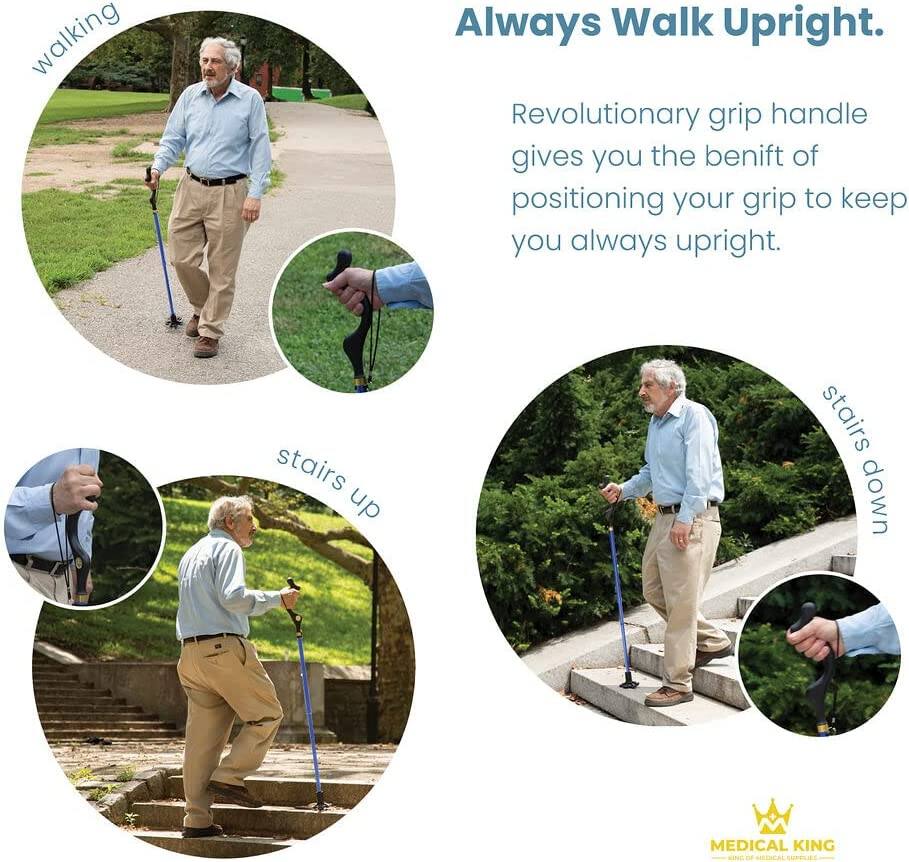 Always Walk Upright.

Revolutionary grip handle gives you the benefit of positioning your grip to keep you always upright.

walking

stairs up

stairs down

MEDICAL KING